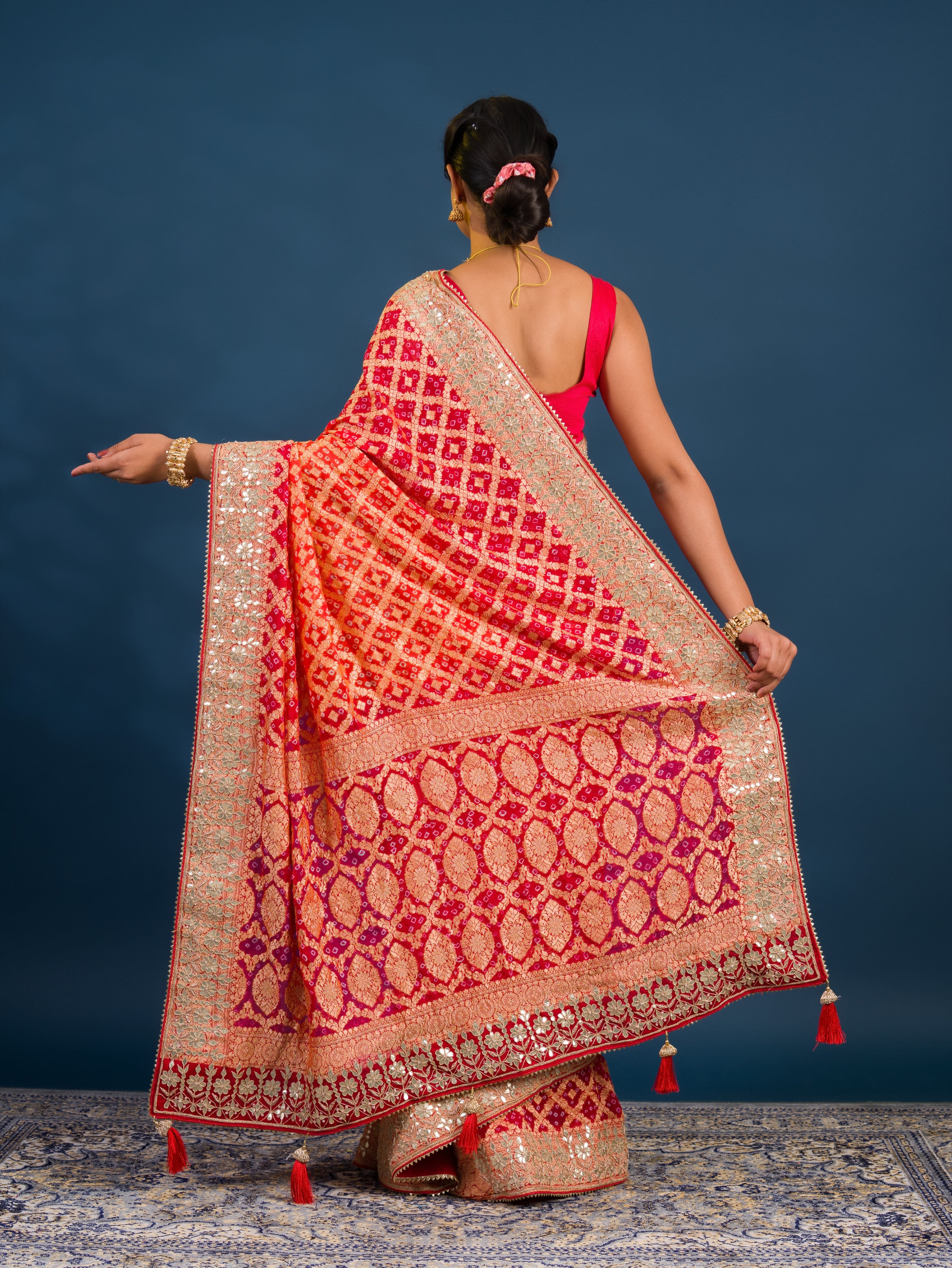 Traditional Khaddi Georgette Bandhani Saree with Gota Patti