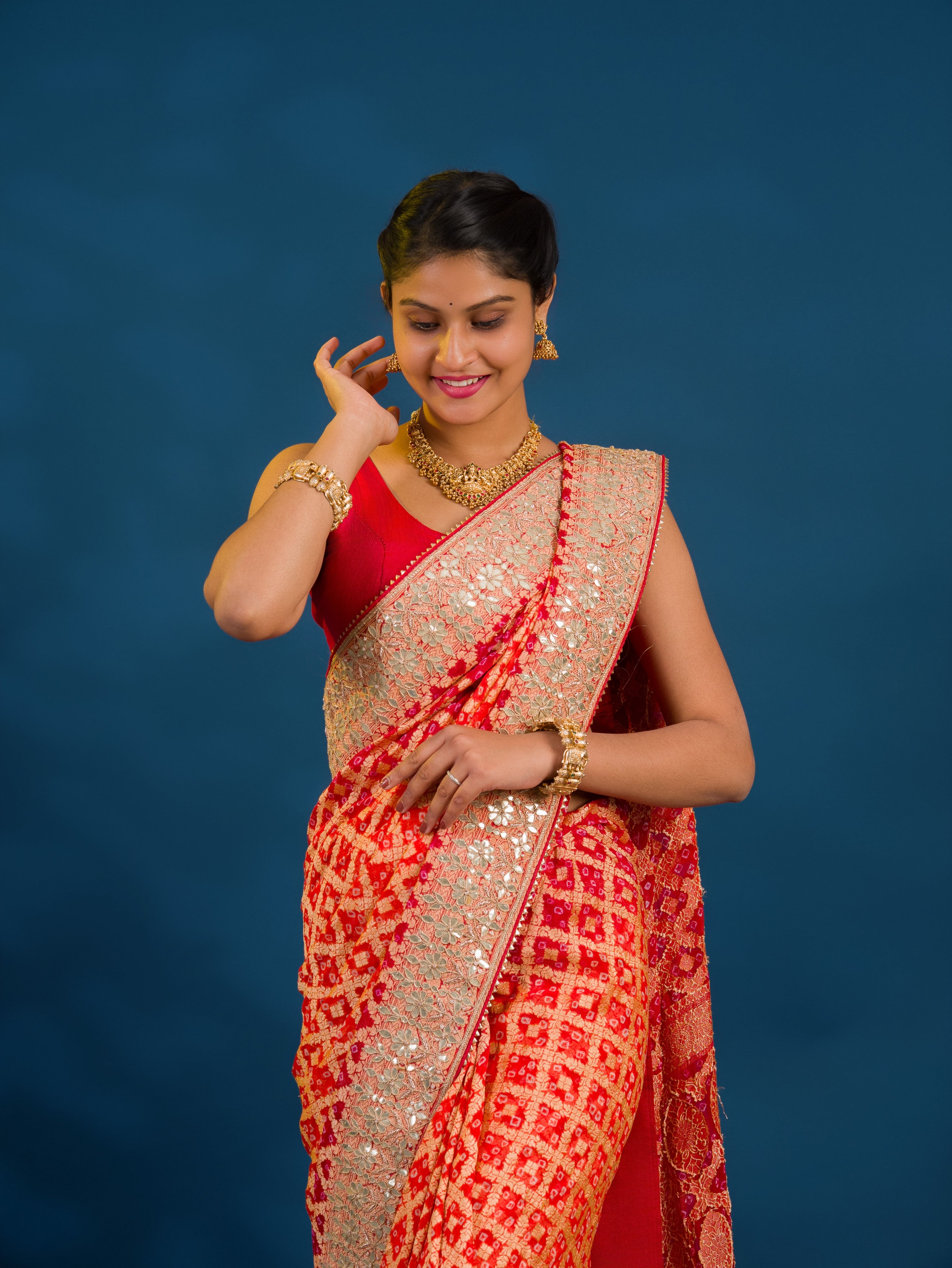 Traditional Khaddi Georgette Bandhani Saree with Gota Patti