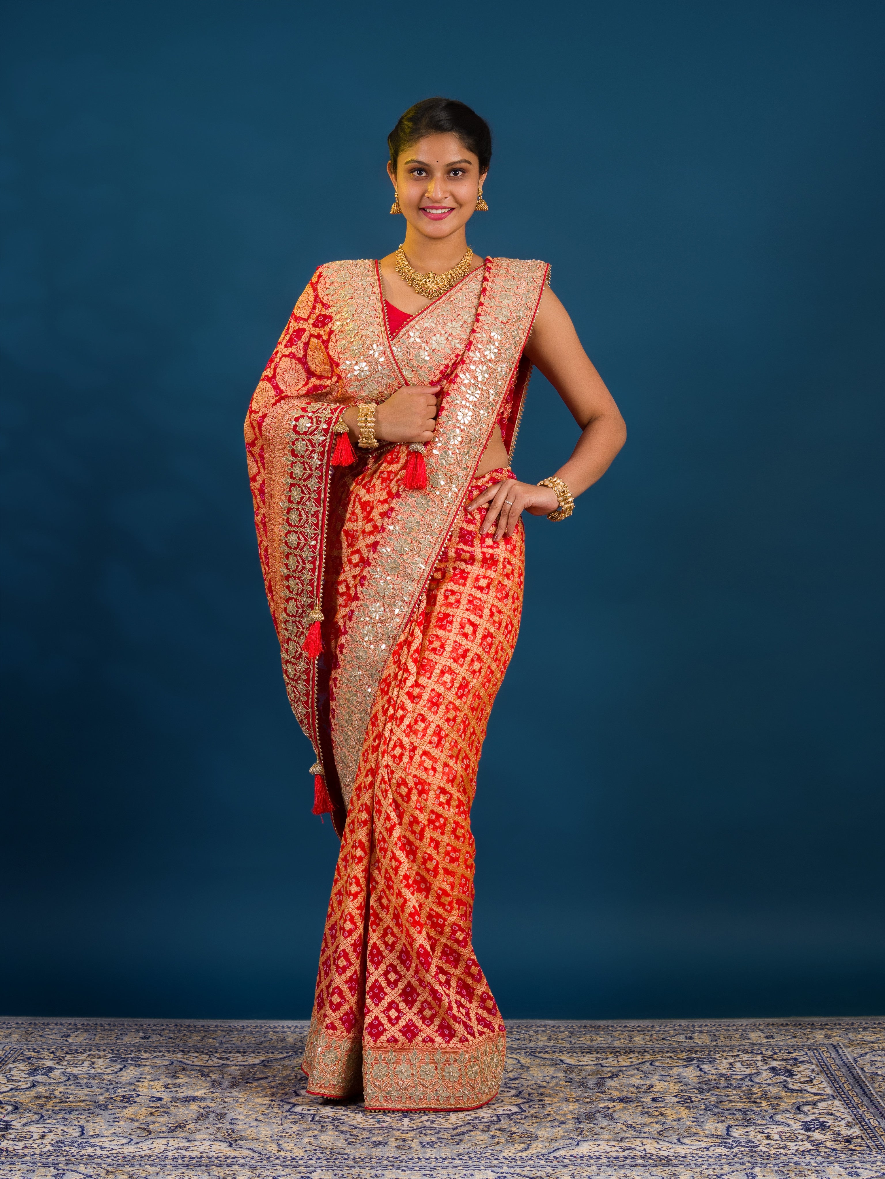 Traditional Khaddi Georgette Bandhani Saree with Gota Patti