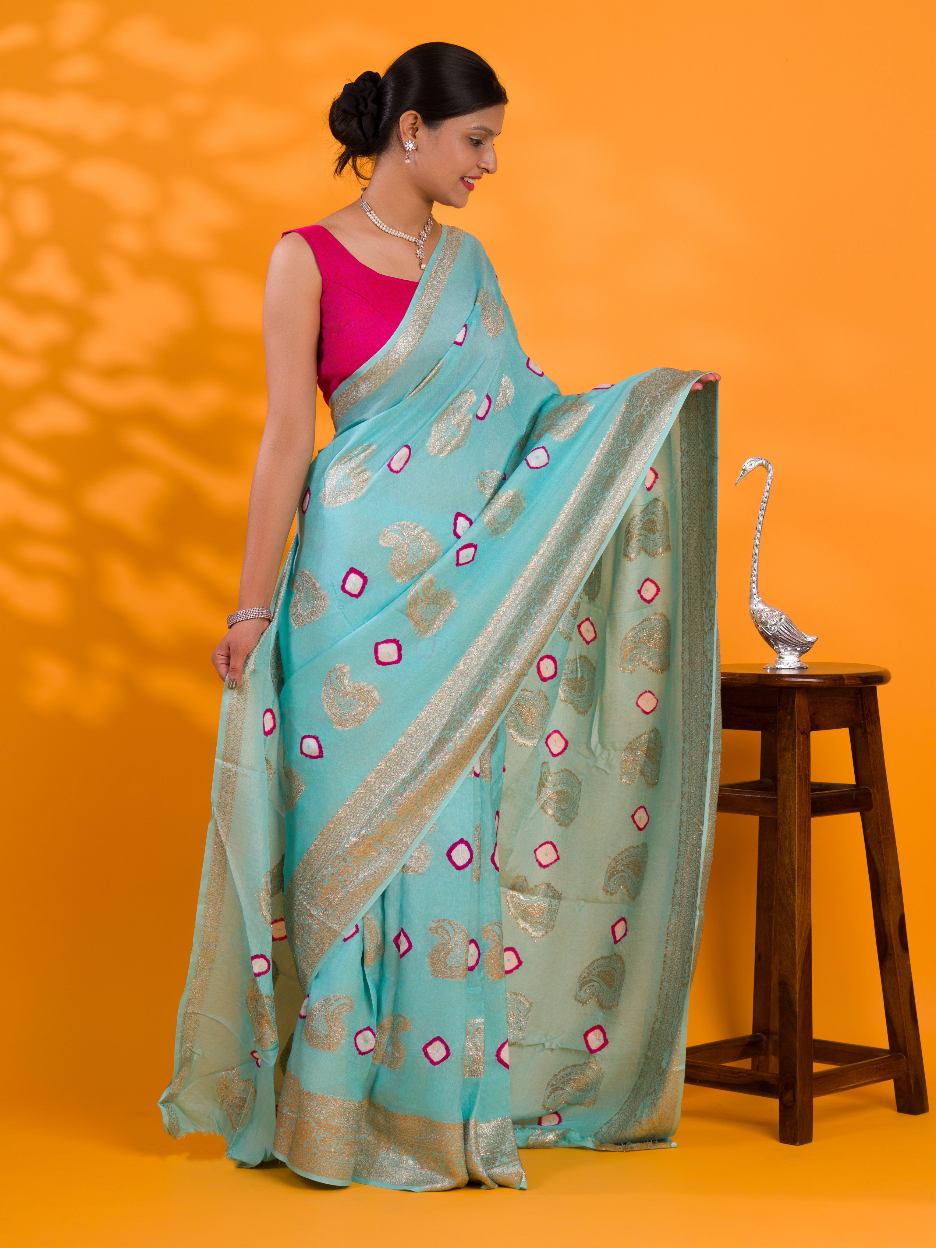Dola Silk Bandhani Zari Weaving Work Saree in light blue colour