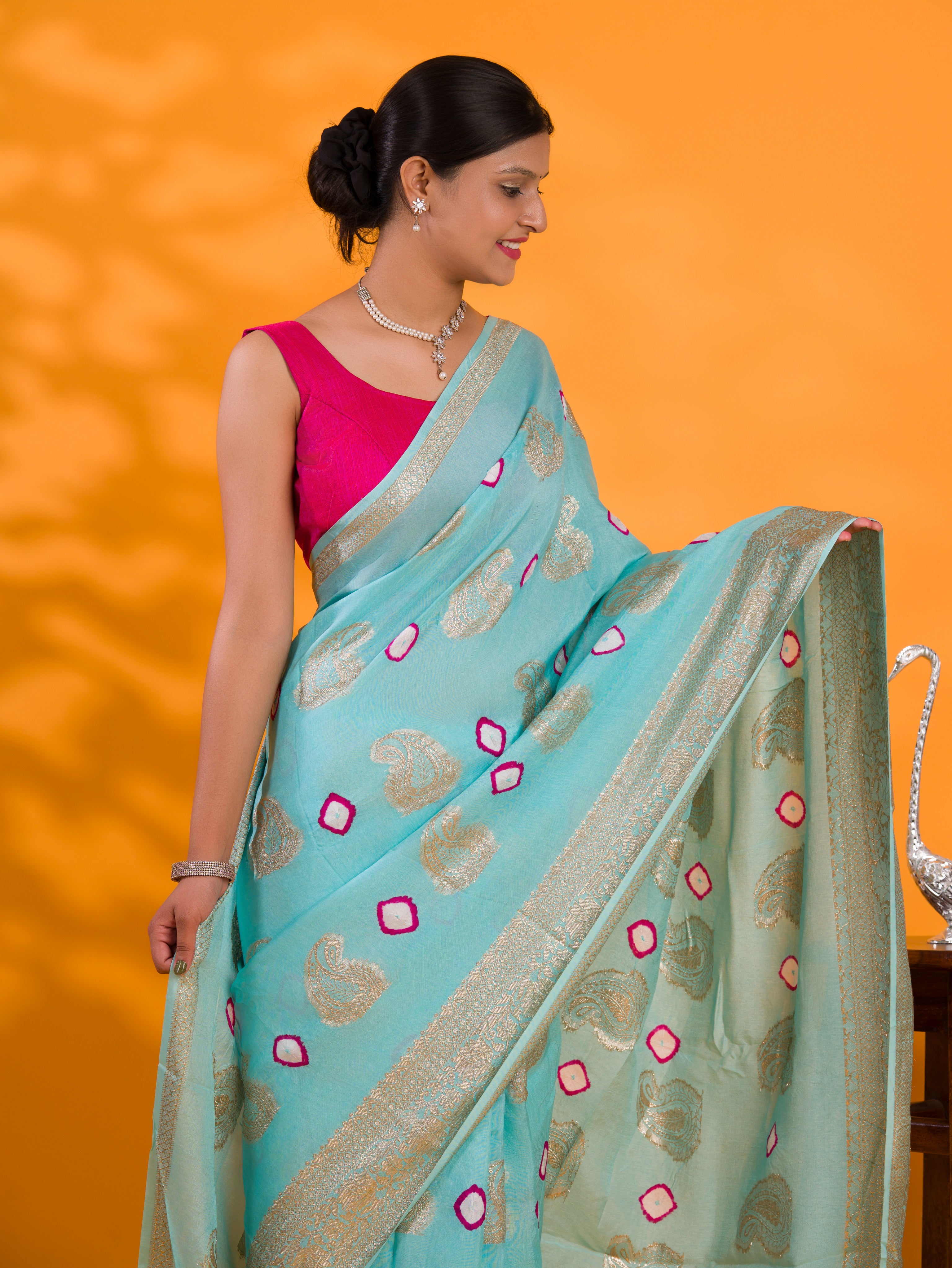 Dola Silk Bandhani Zari Weaving Work Saree in light blue colour