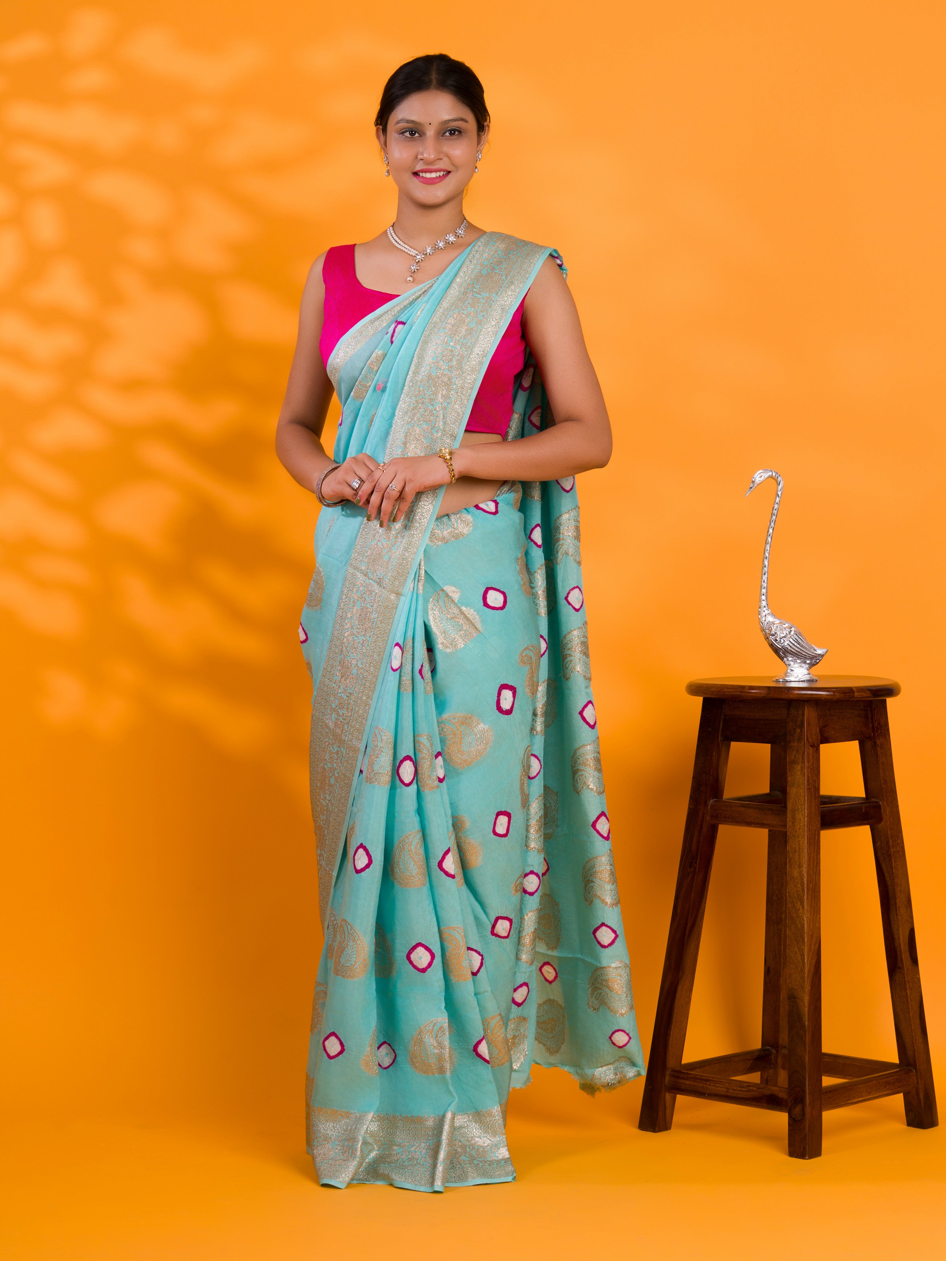Dola Silk Bandhani Zari Weaving Work Saree in light blue colour