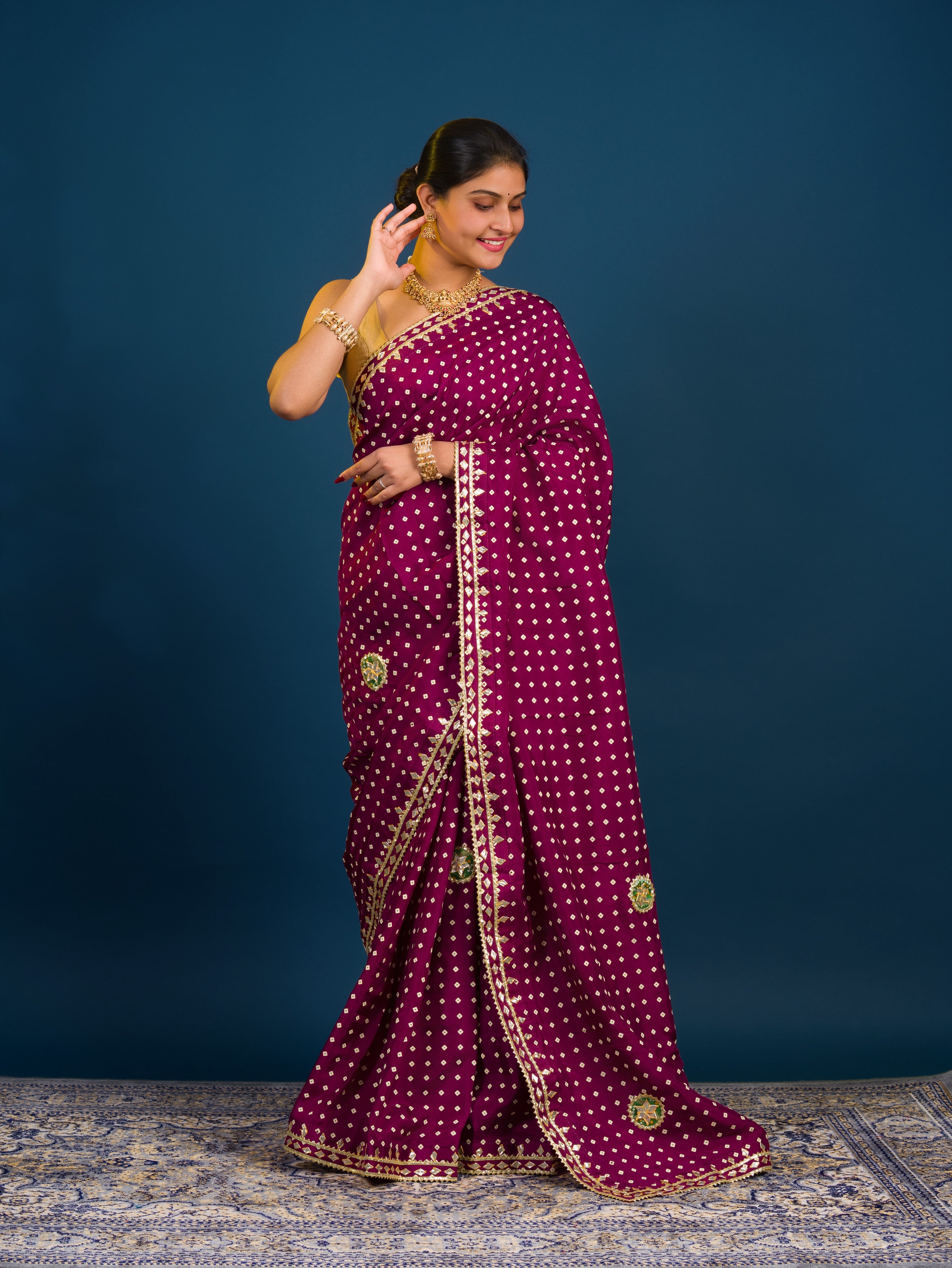 KcPc New Modal silk Bandhani With Kachha Gotapatti work Saree VK