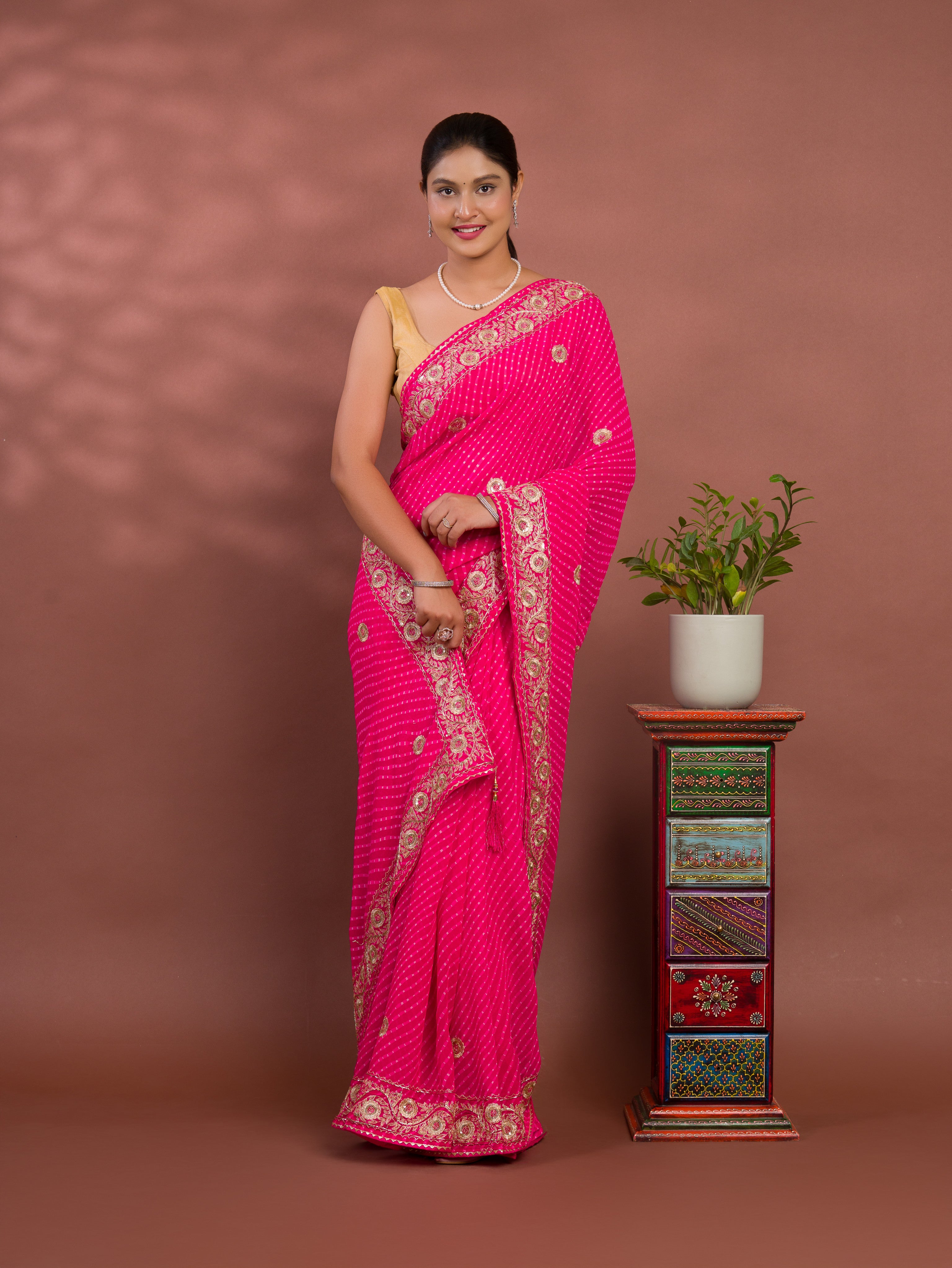 By Latest Leheriya Style With Cutdana Embroidery Work