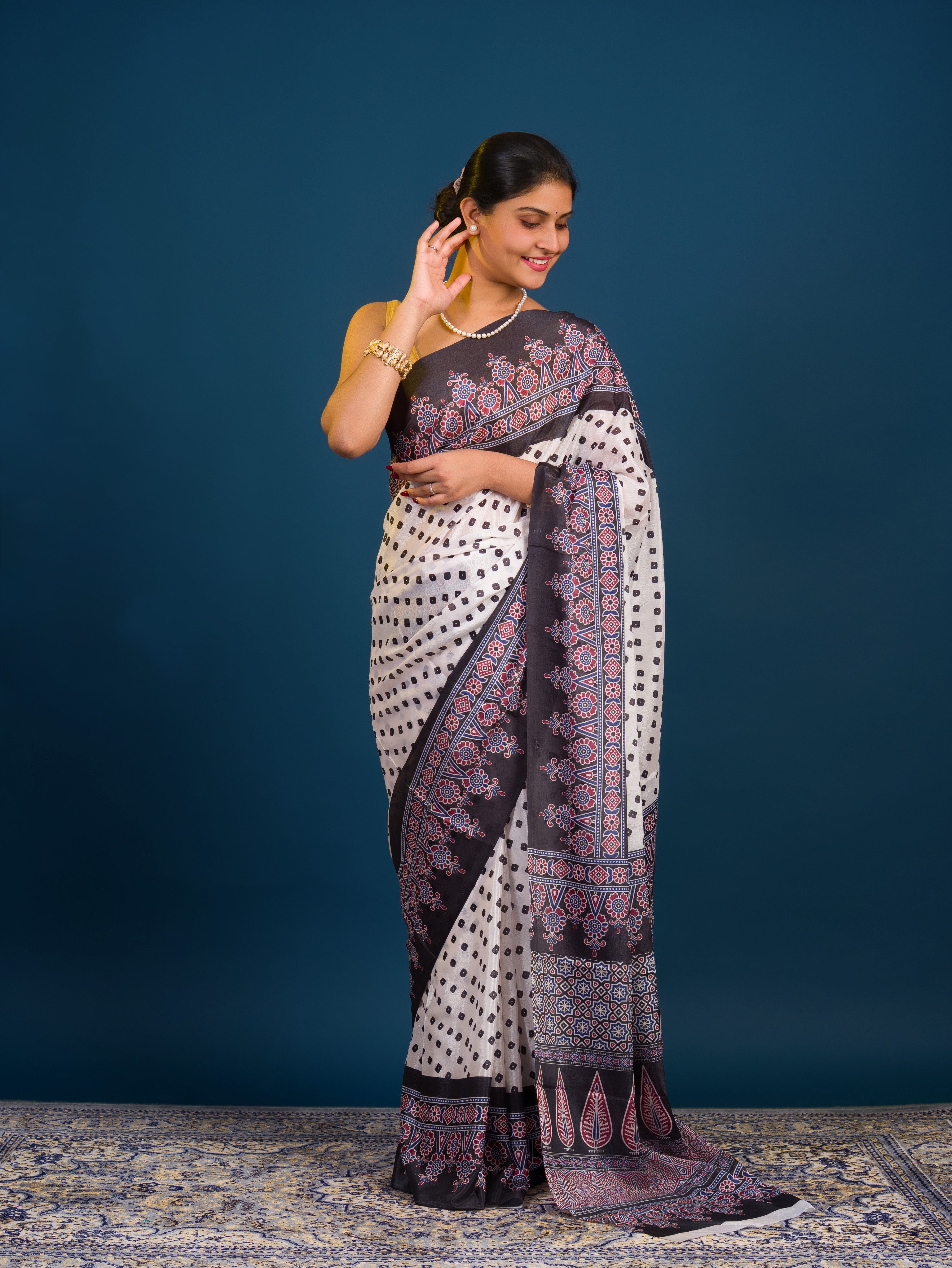 KcPc New LatestCreap Silk Bandhani with Ajrakh Style With Office Wear Saree ASH