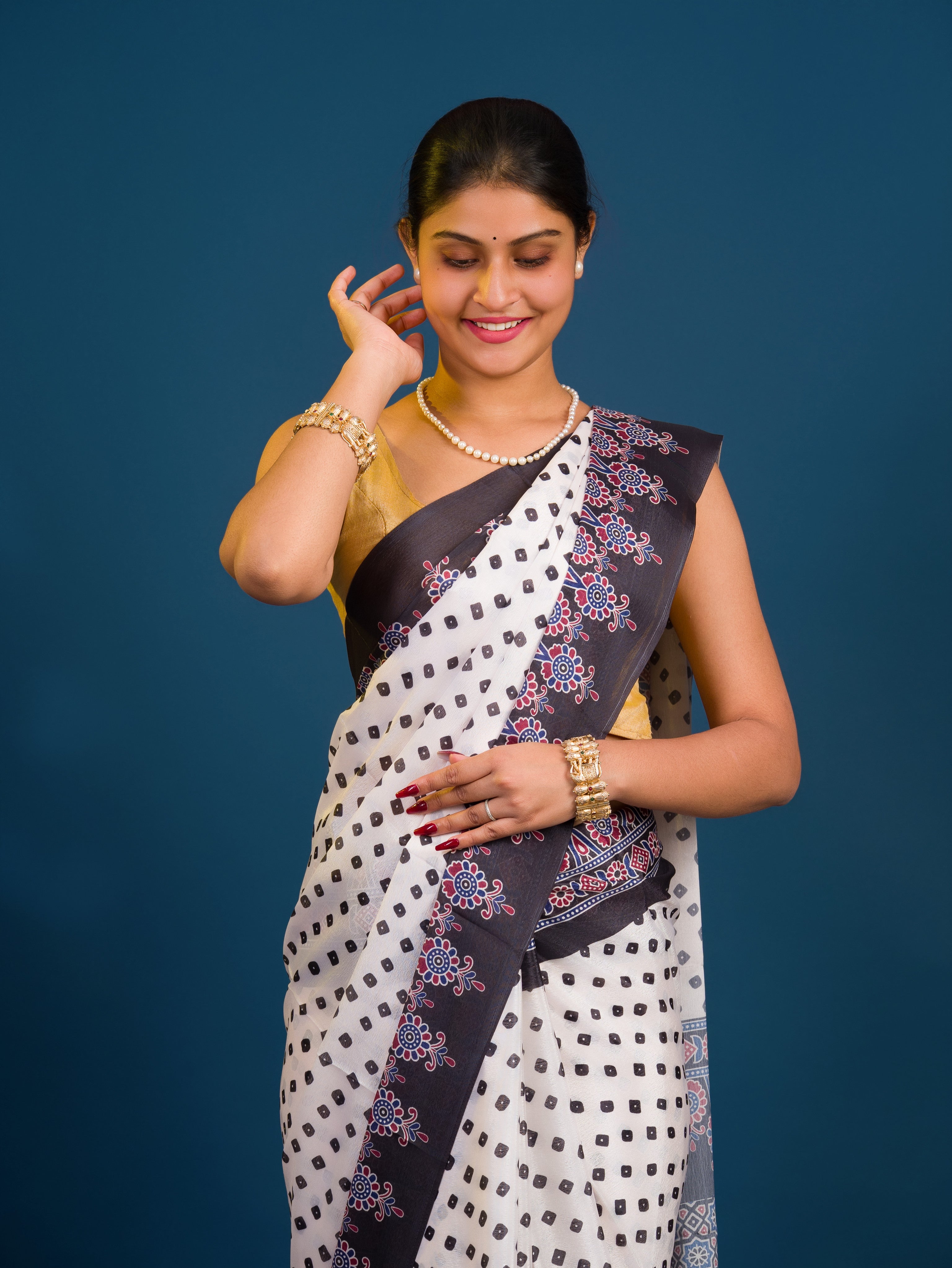 KcPc New LatestCreap Silk Bandhani with Ajrakh Style With Office Wear Saree ASH