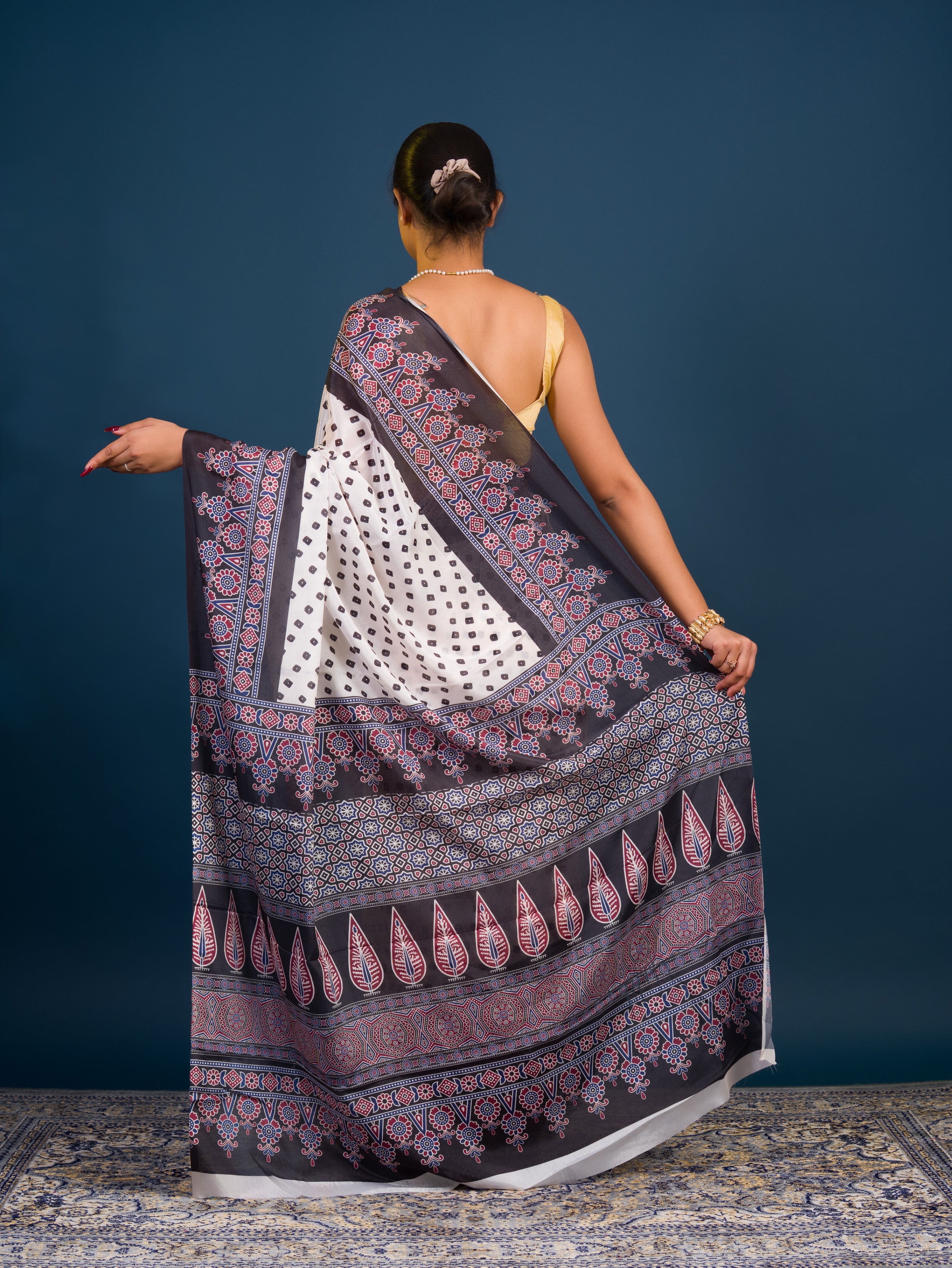 KcPc New LatestCreap Silk Bandhani with Ajrakh Style With Office Wear Saree ASH
