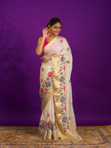 White saree with floral embroiderySilk With Karosiya Hand Work