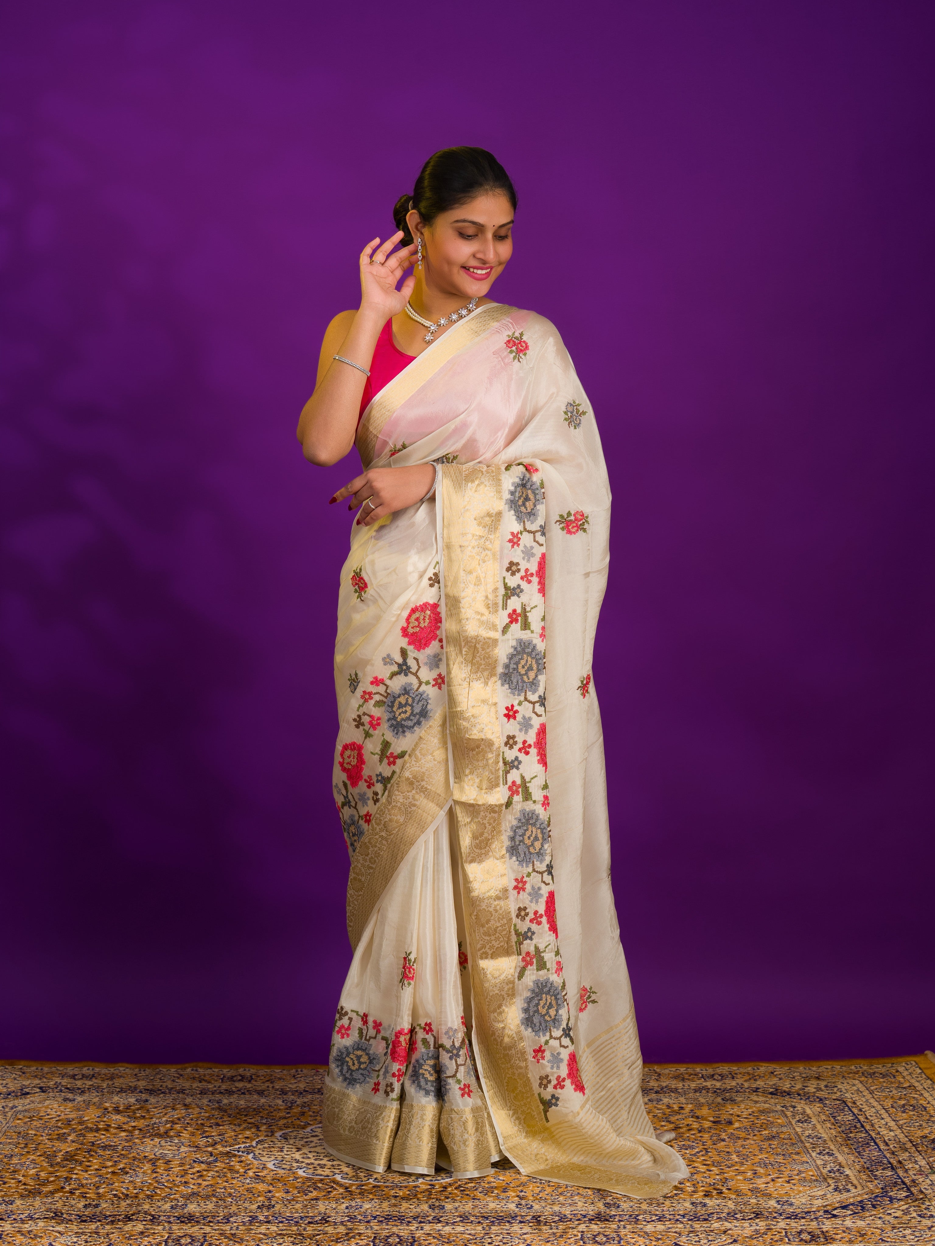 White saree with floral embroiderySilk With Karosiya Hand Work