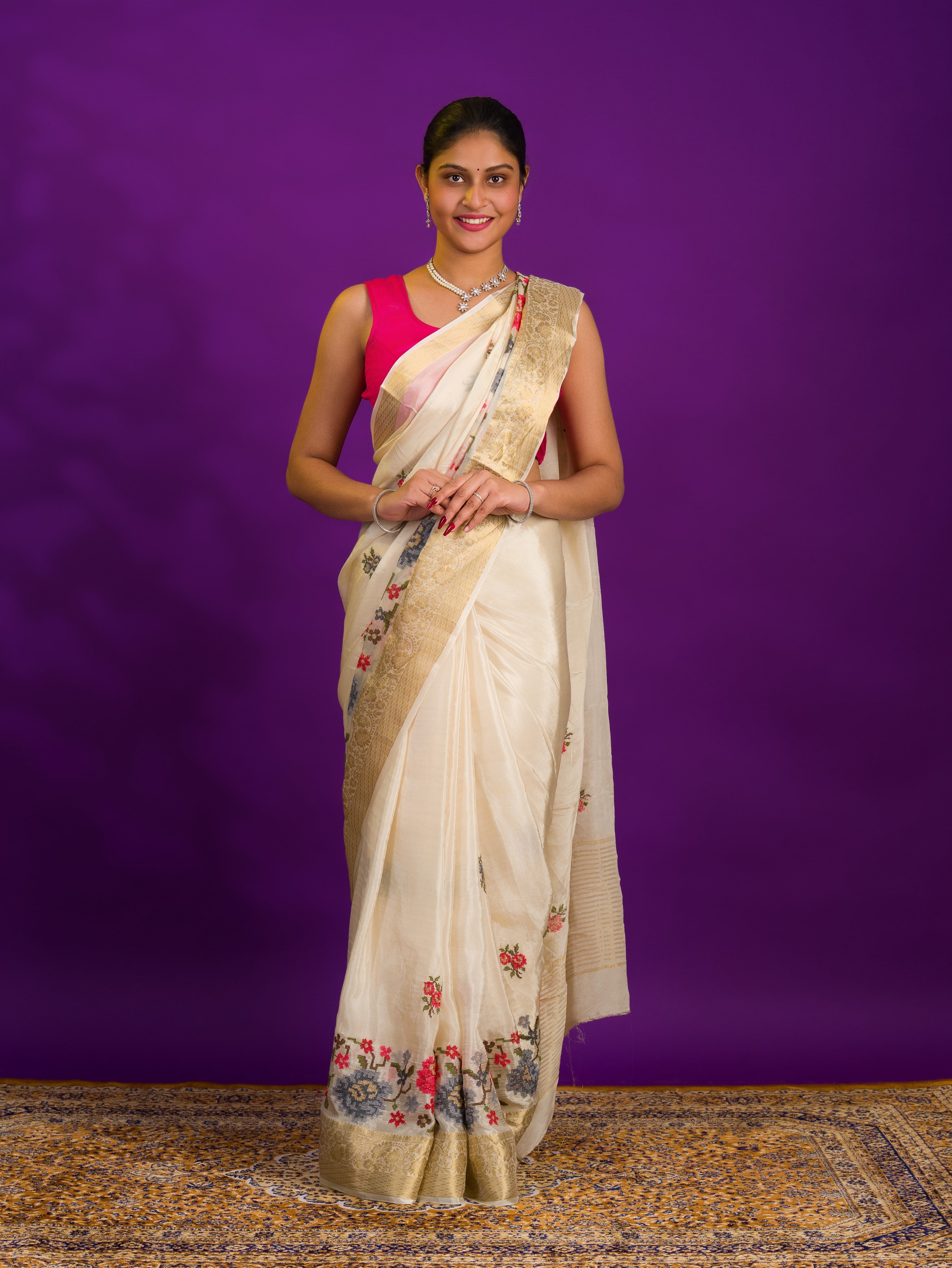 White saree with floral embroiderySilk With Karosiya Hand Work