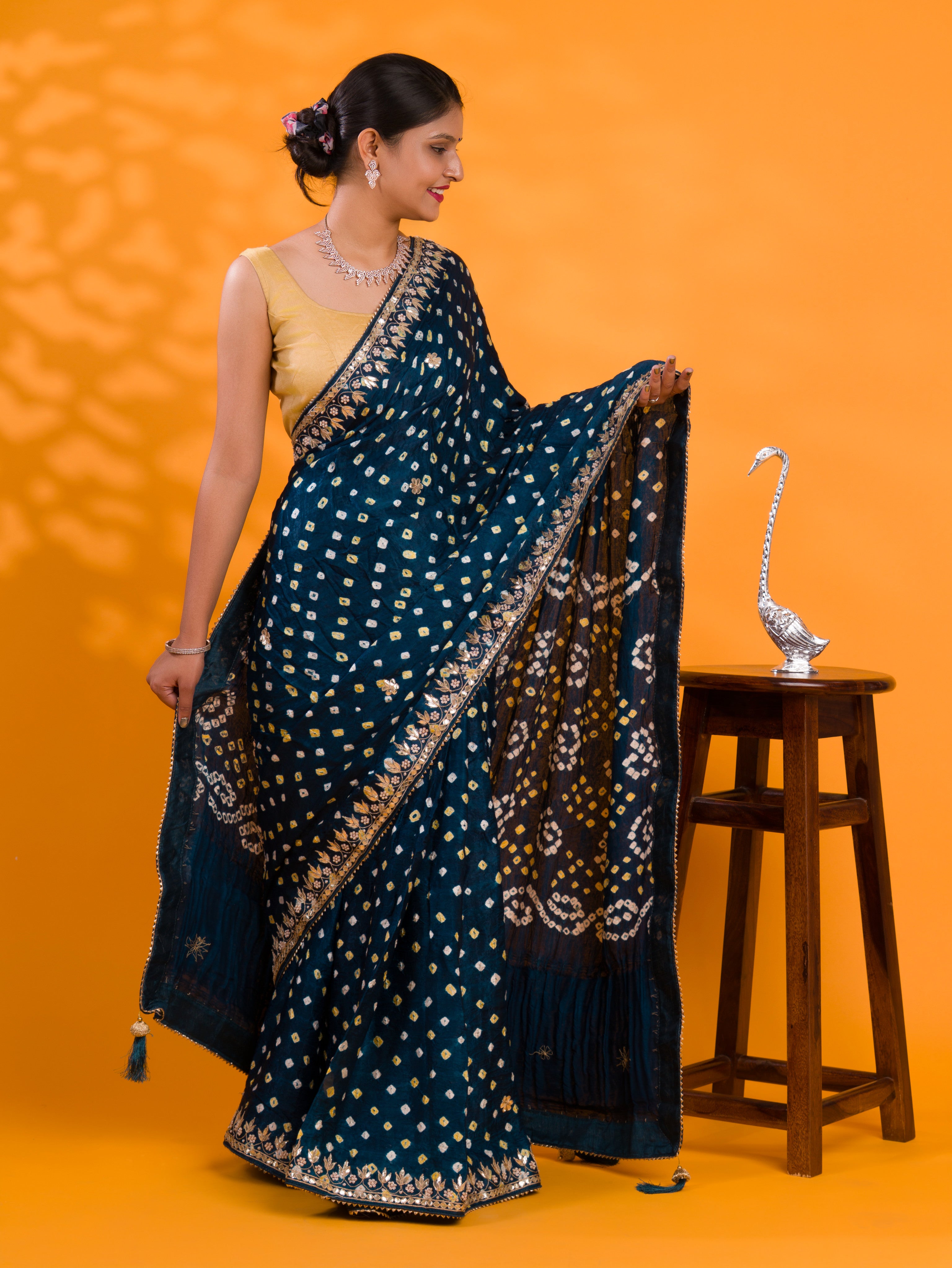 Gaji Silk Bandhej Gotapatti Work Saree for wedding and festival