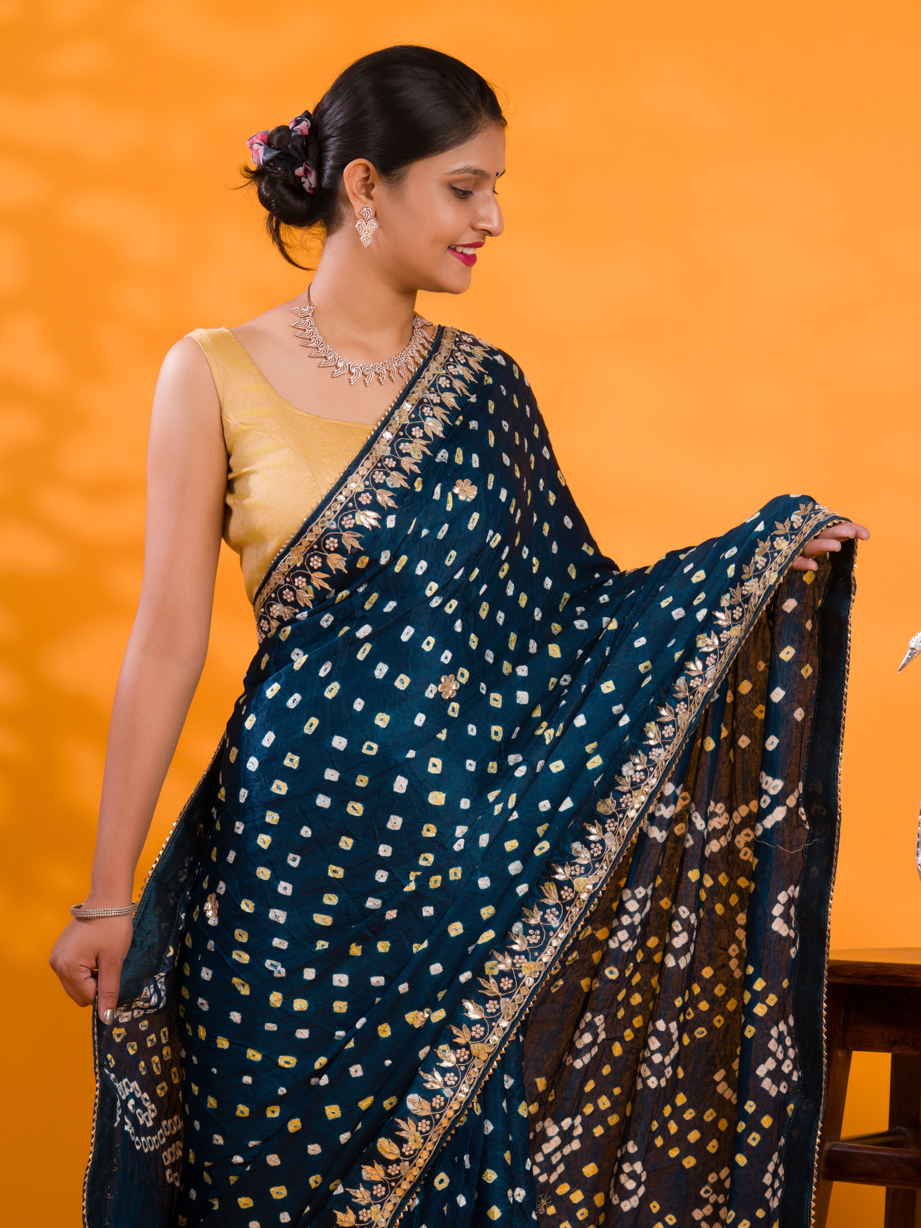 Gaji Silk Bandhej Gotapatti Work Saree for wedding and festival