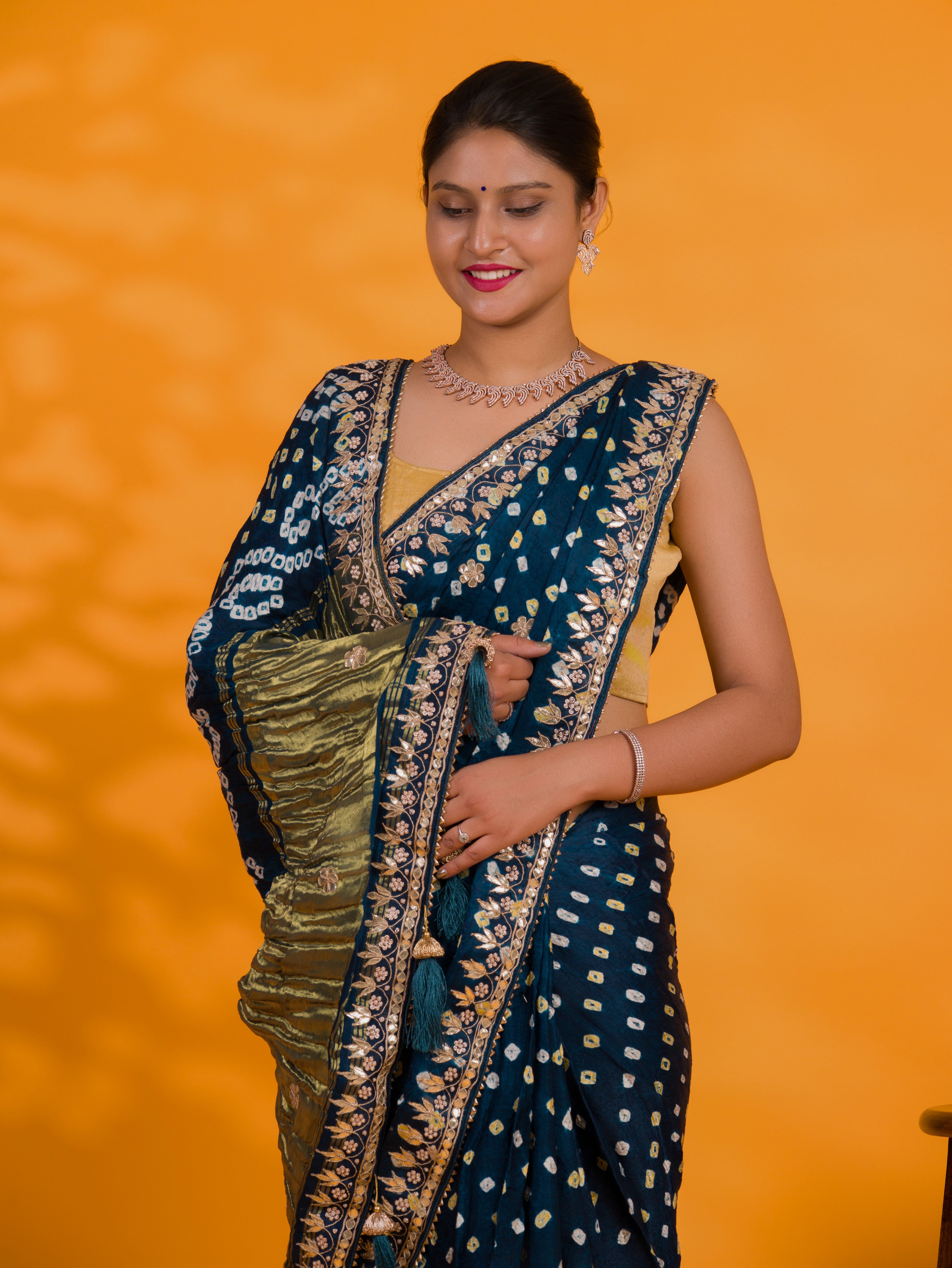 Gaji Silk Bandhej Gotapatti Work Saree for wedding and festival
