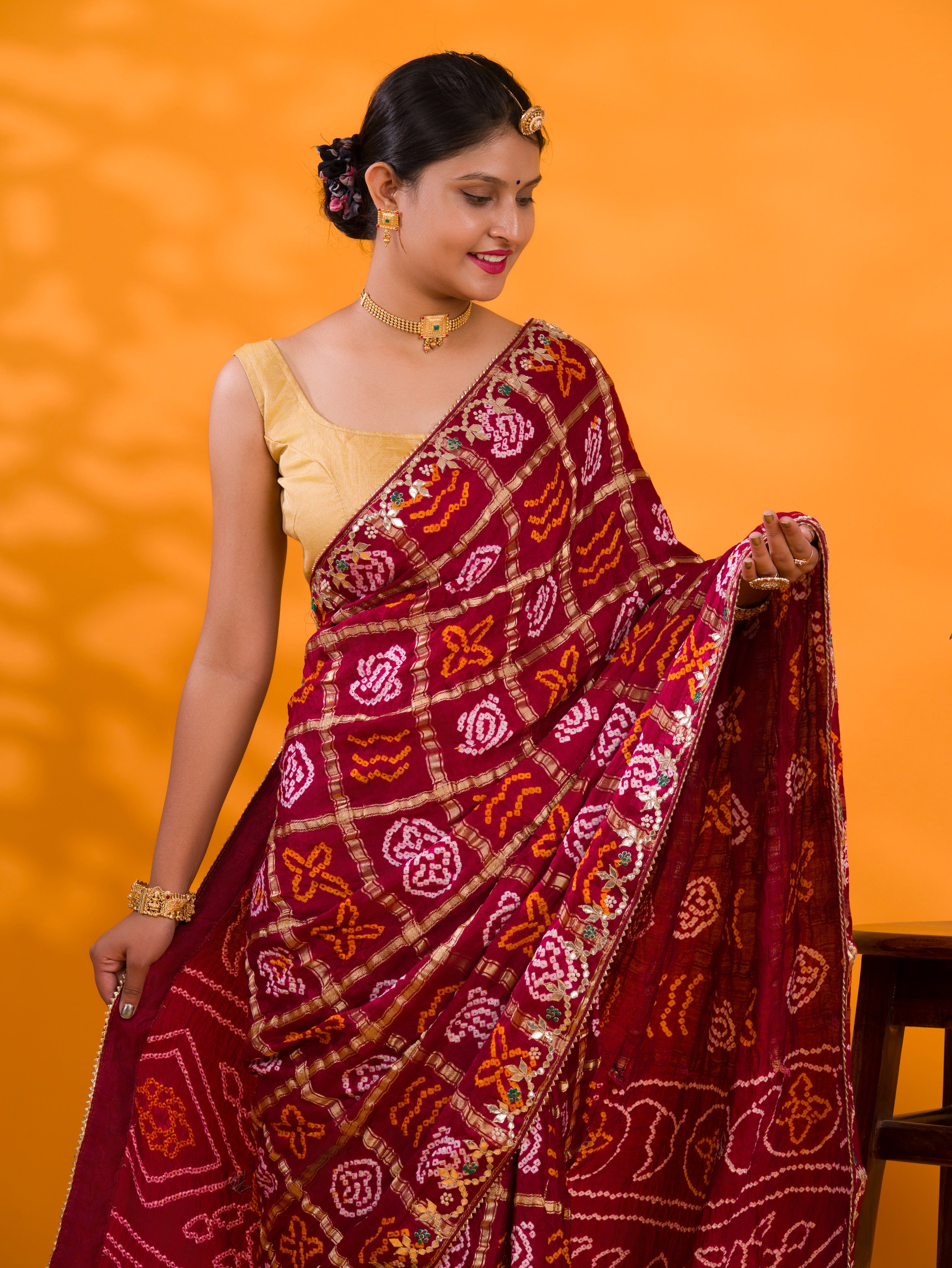 KcPc New Pure Gaji silk Bandhani Gotapatti Handwork sareeAMT