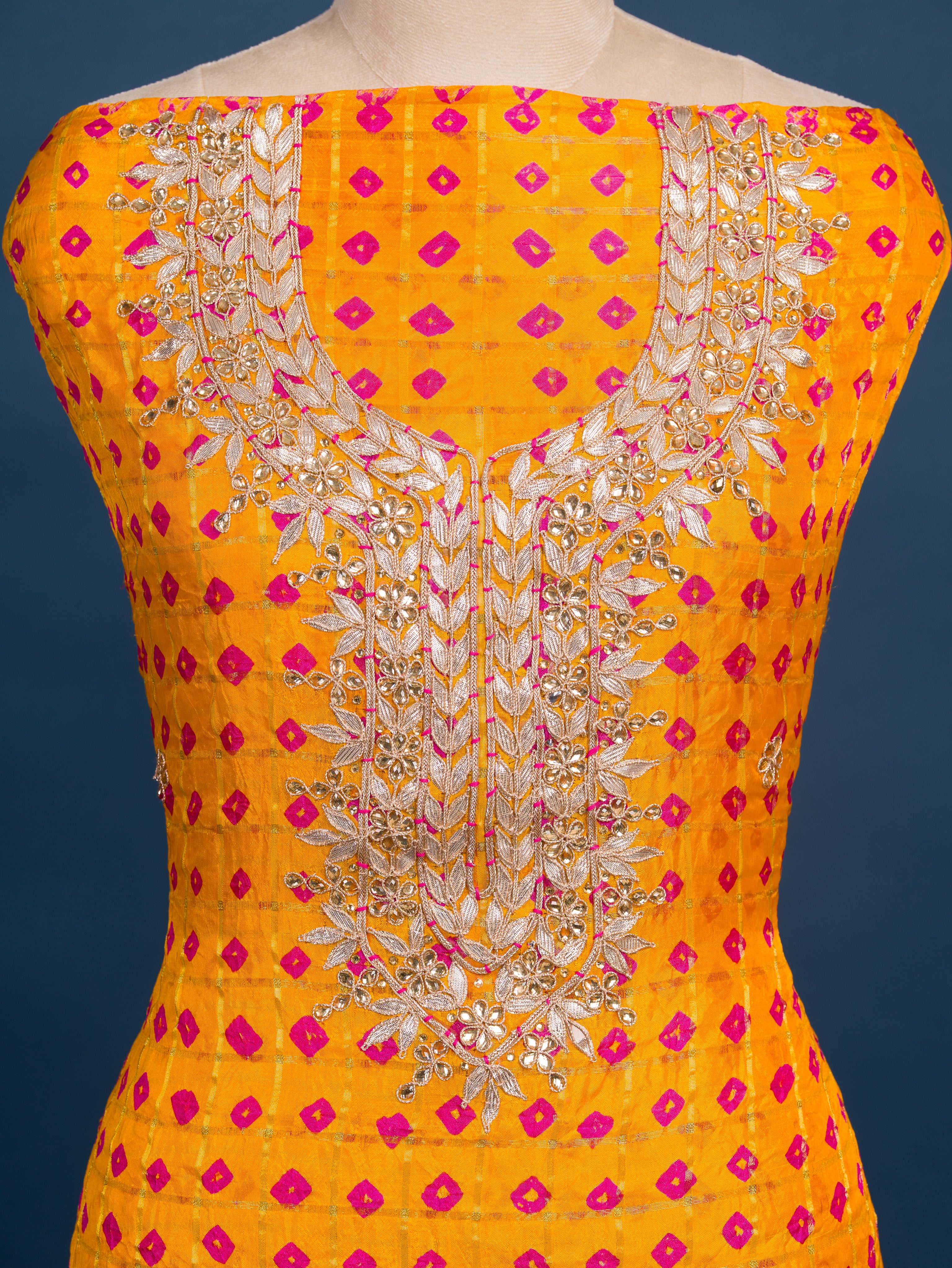 KcPc New Beautiful Art Silk Bandhani Gharchola With Gota patti Stone Work Suit KML