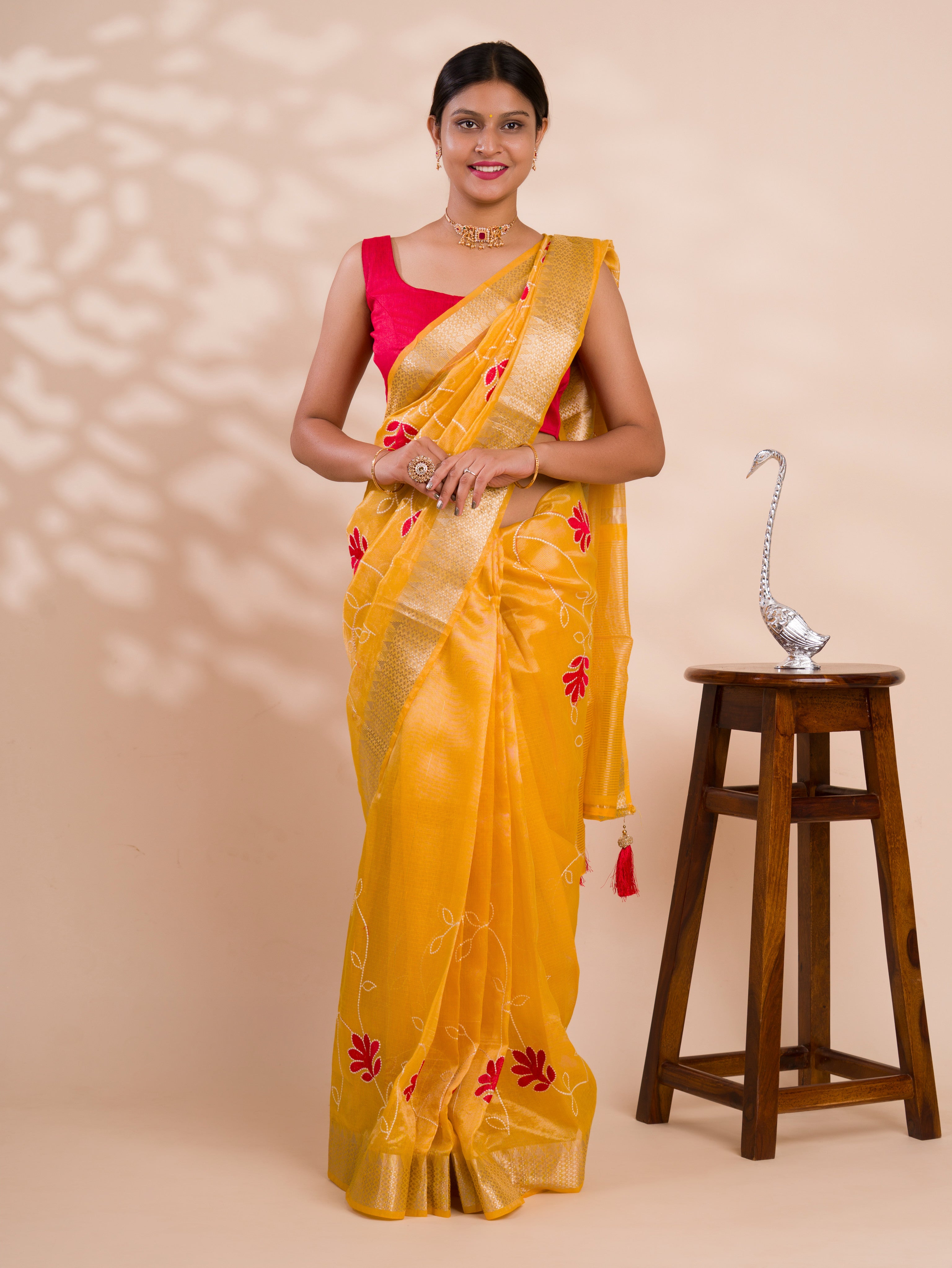 Kashida work saree in yellow colour