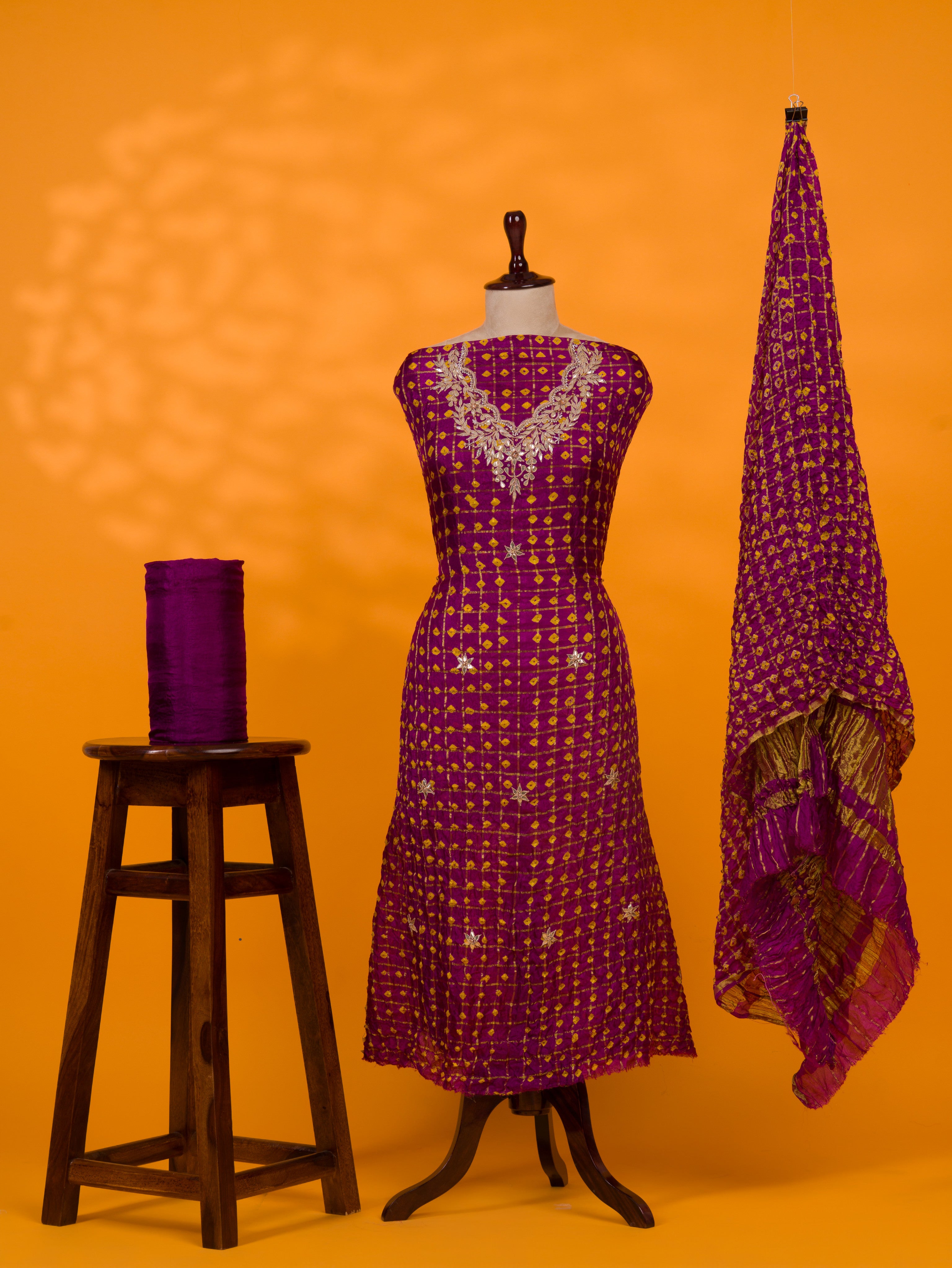 KcPc New Art Silk Bandhani Gharchola With Gotapatti Work suitKML