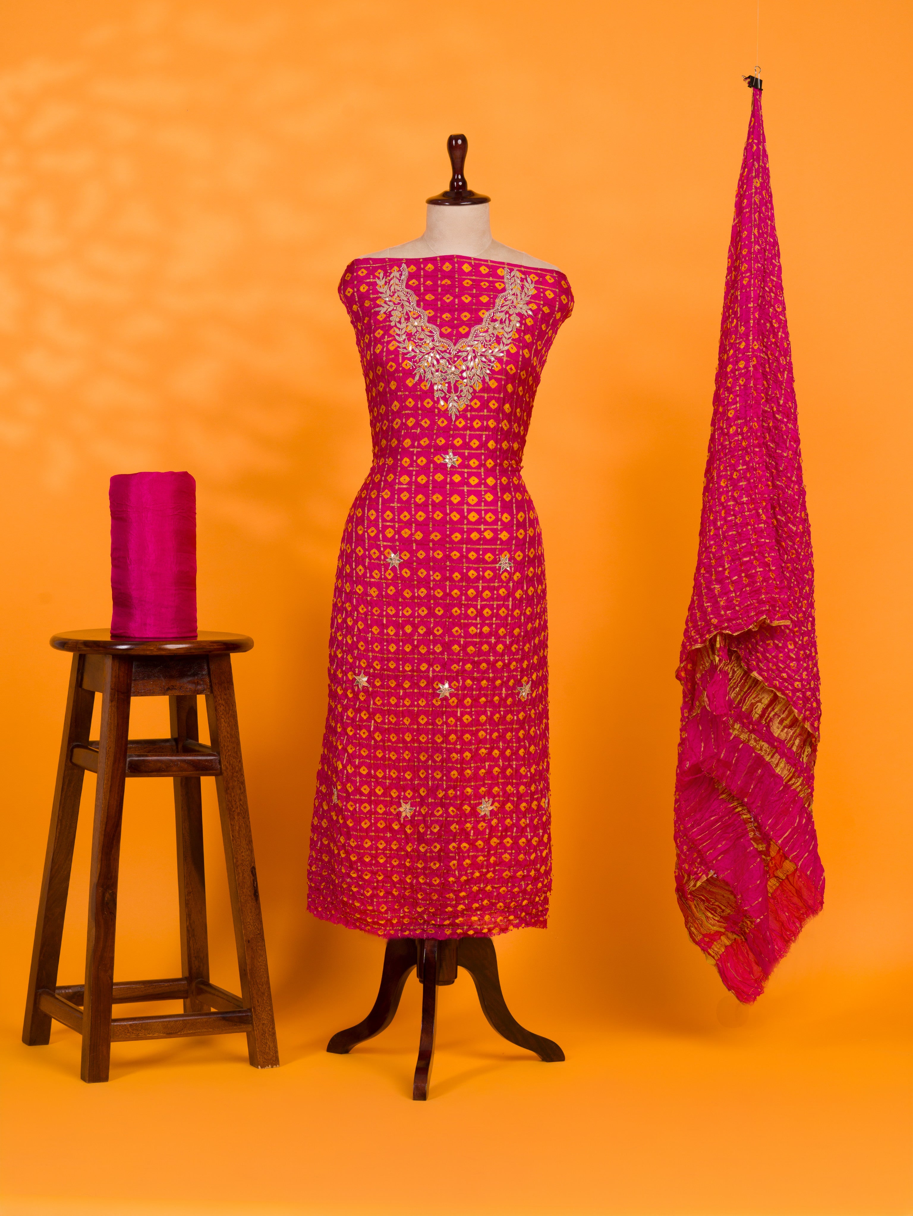 KcPc New Trending Art Silk Bandhani Gharchola With Gotapatti Work suitKML