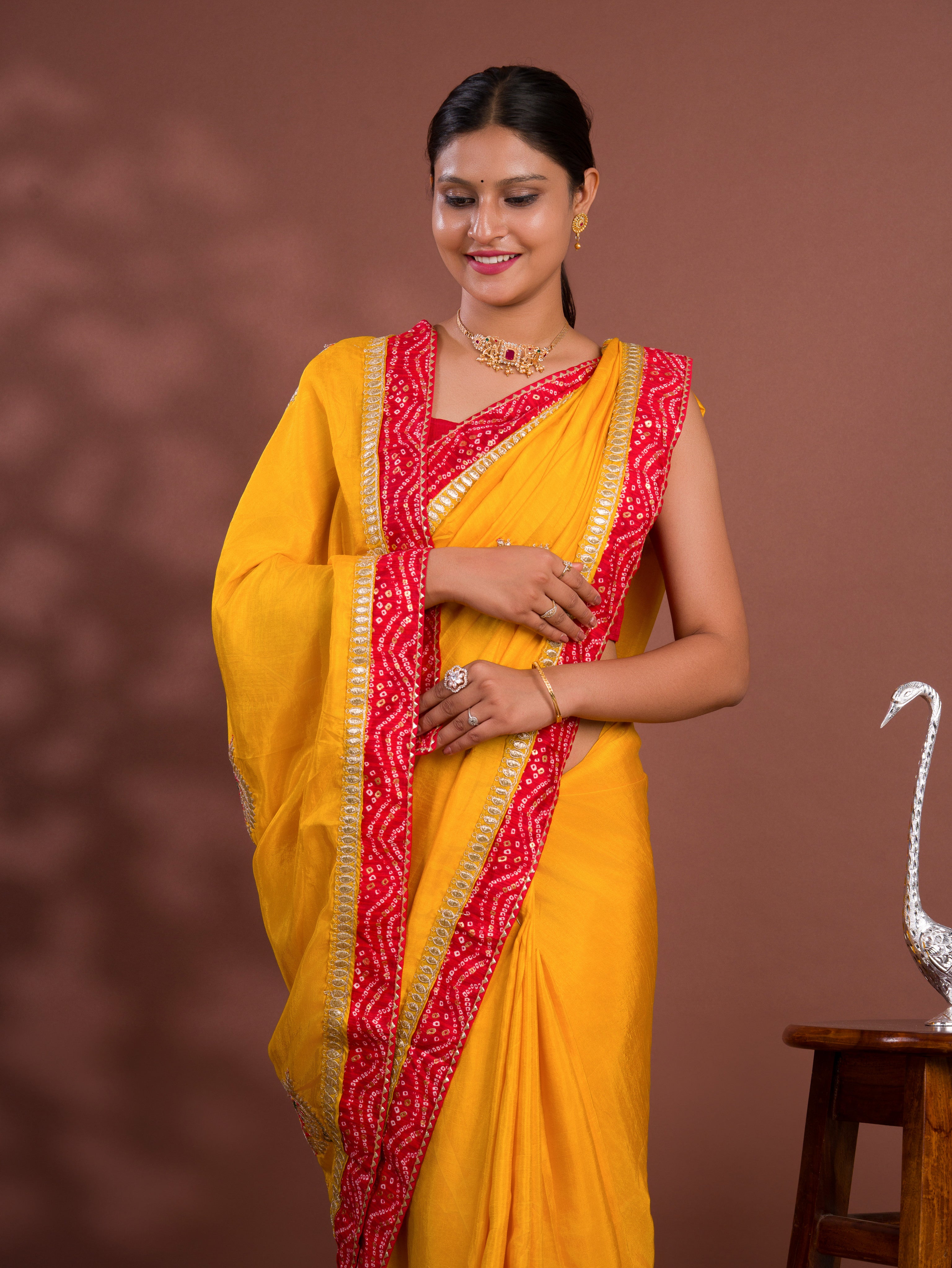 Tissue Silk Bandhej Border Codding Work Saree with gotapati work