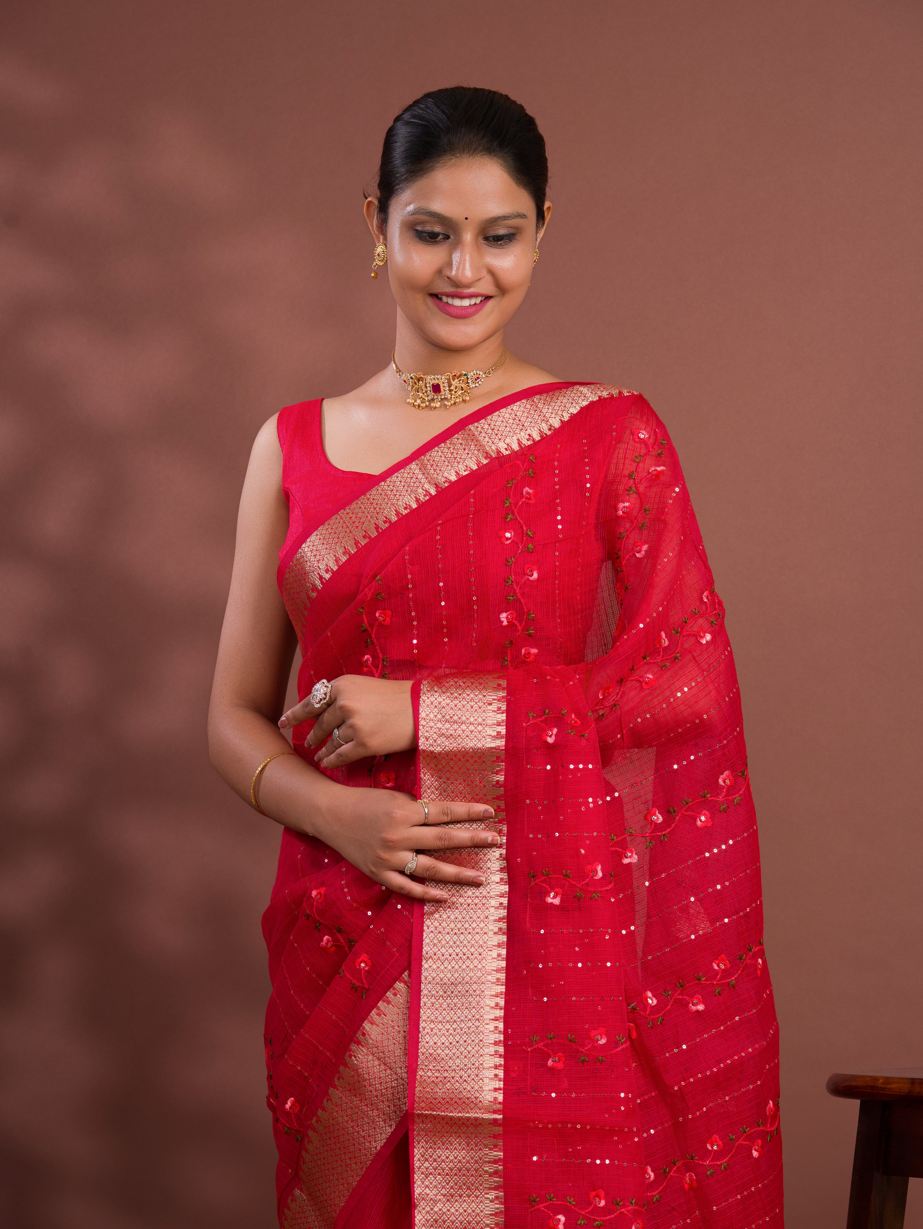 Kashida Work Gotapatti StyleSaree in red colour