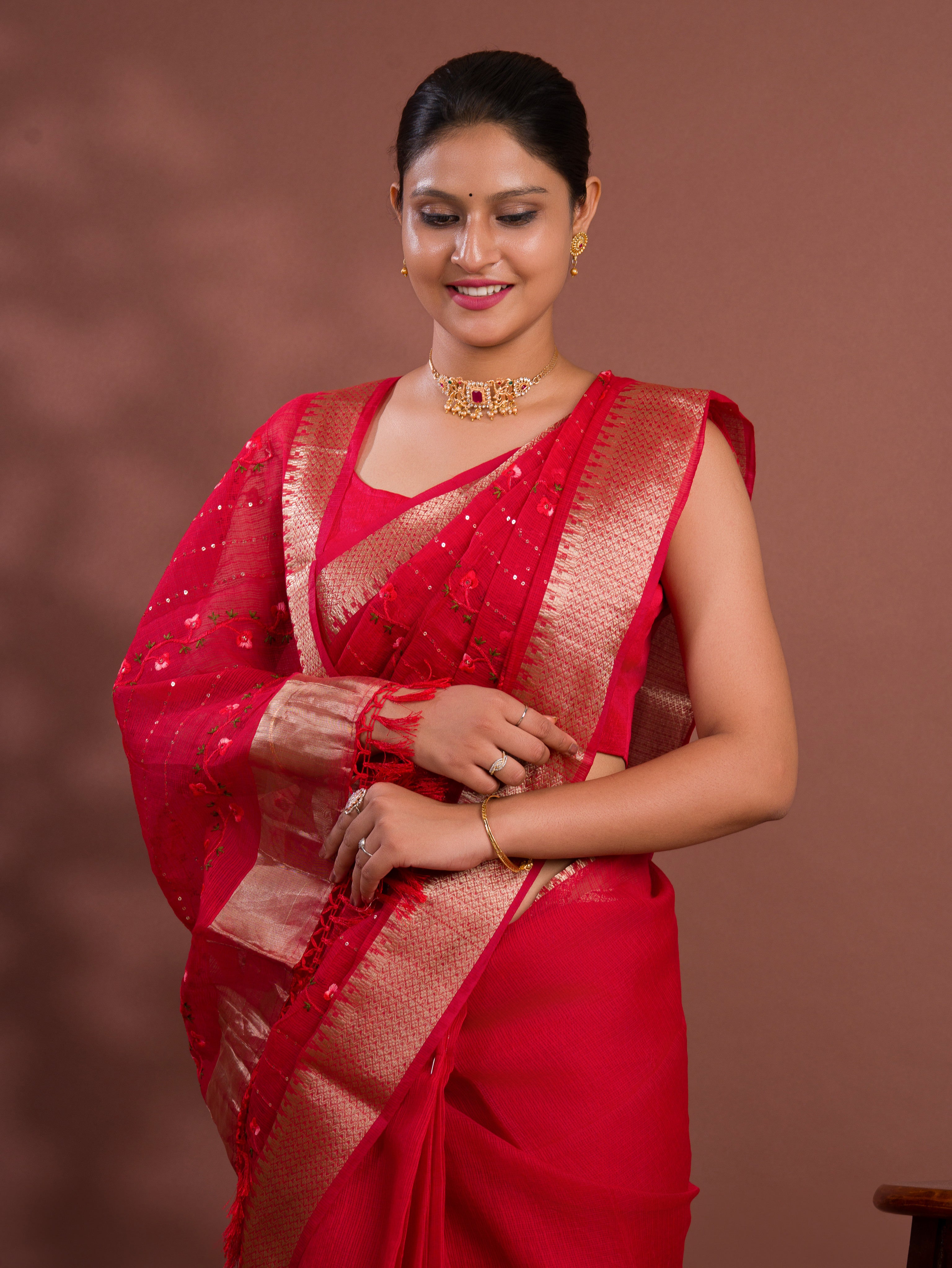 Kashida Work Gotapatti StyleSaree in red colour