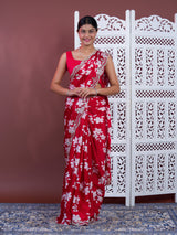 A red saree with white pattern Printed Crepe Silk with Embroidered Mirror Work