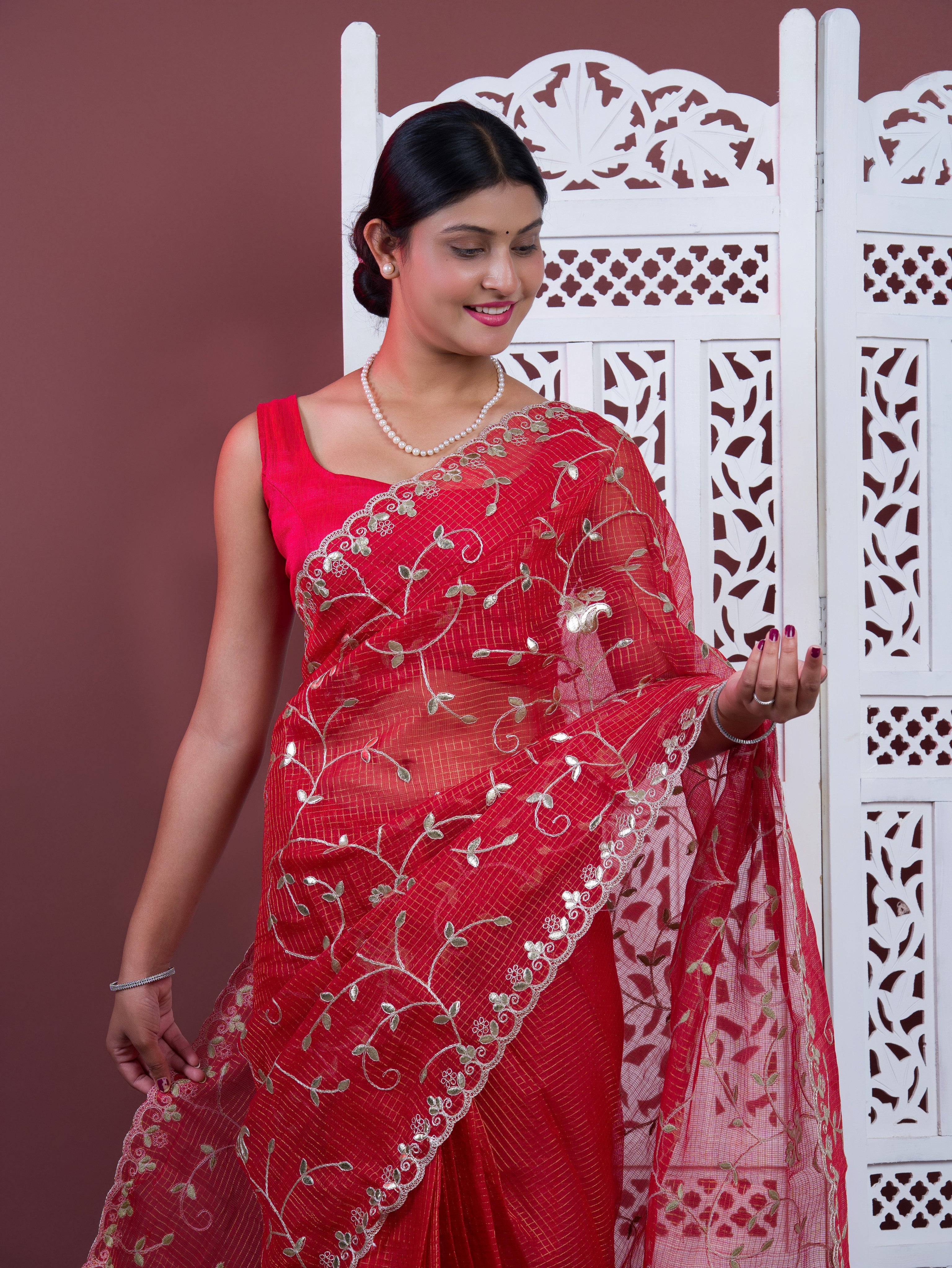 Gotapatti work saree in red colour