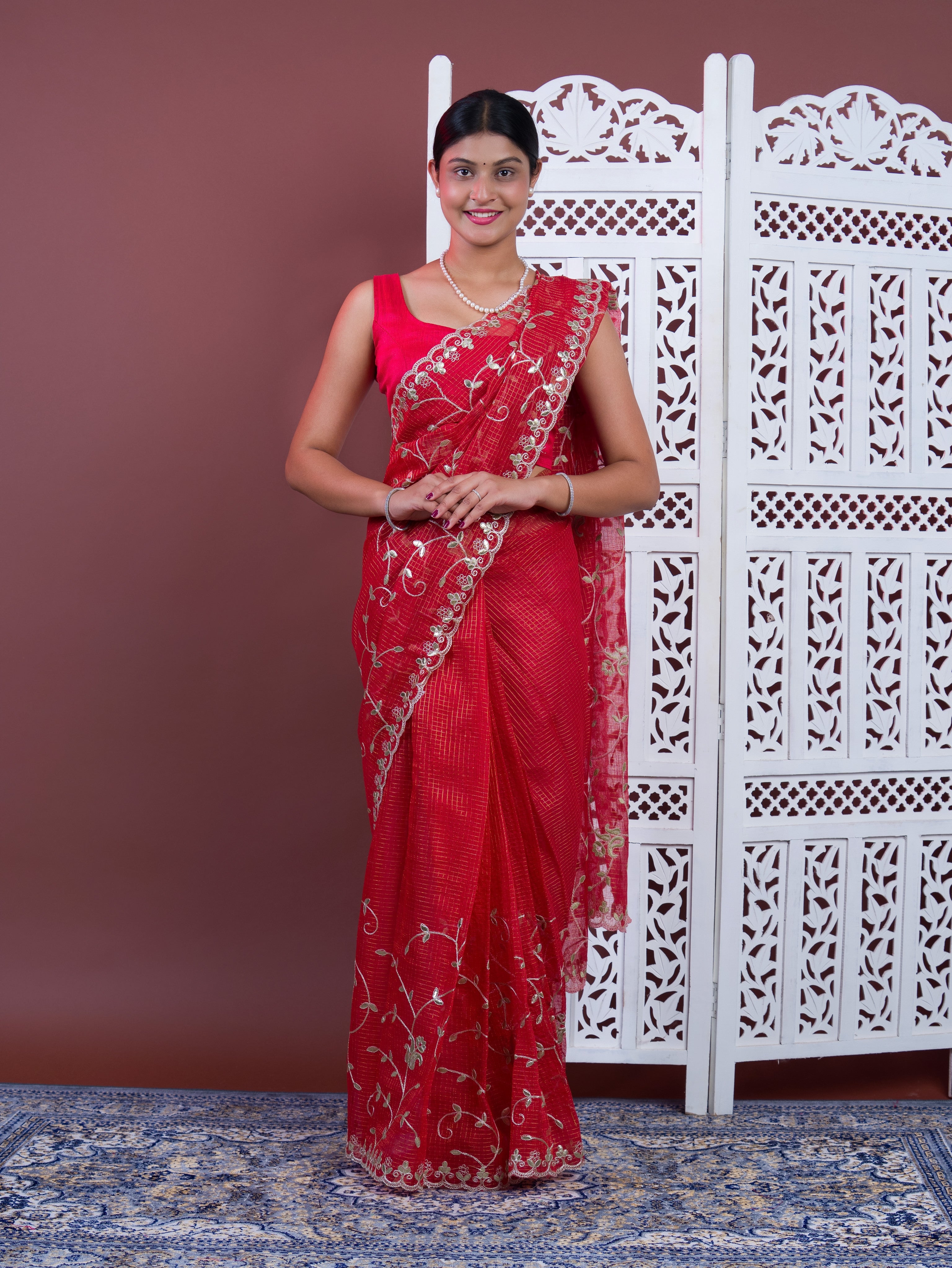 Gotapatti work saree in red colour