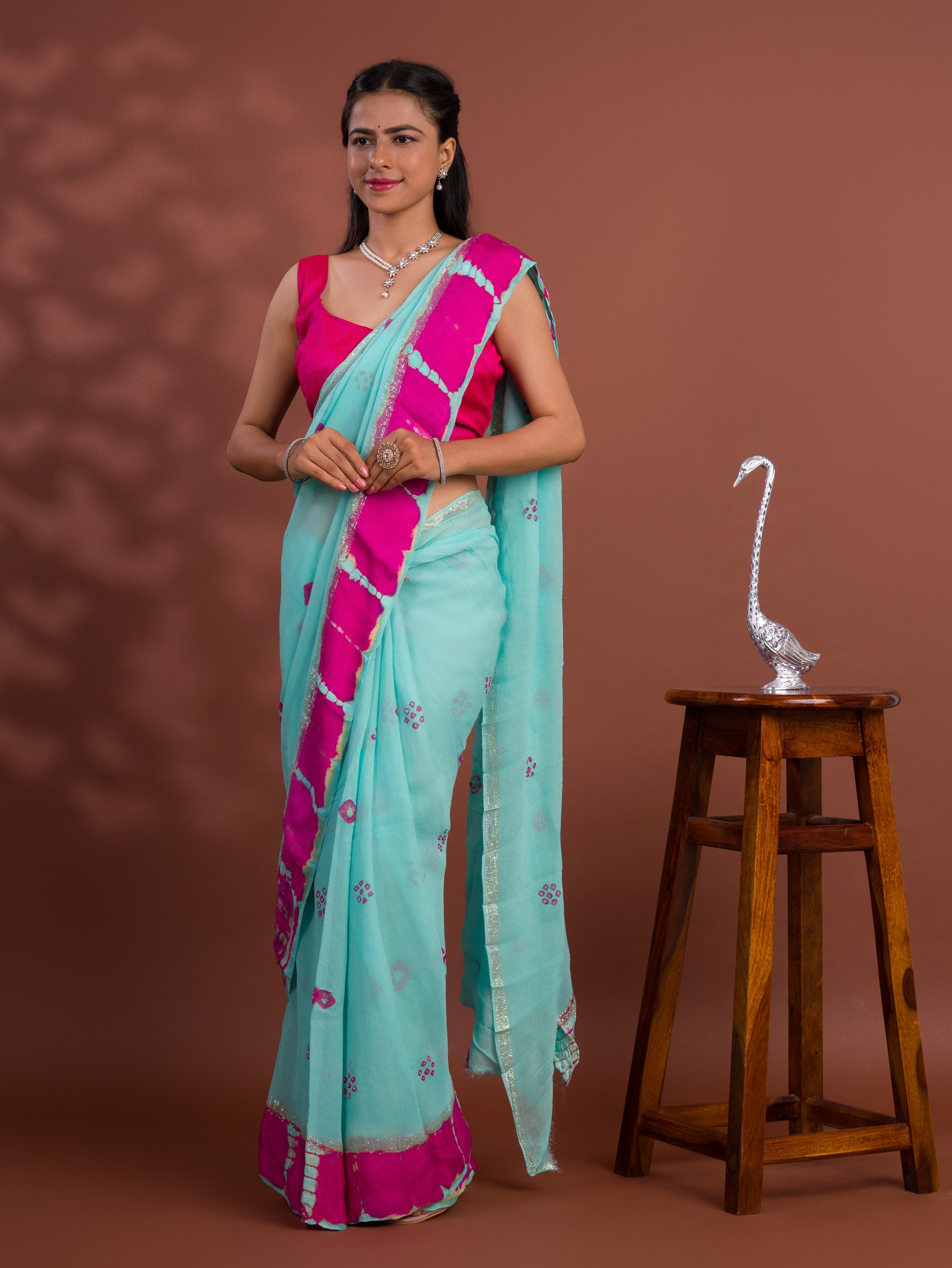Georgette Gulti Bandhej Satin Patta Border Saree under 1500