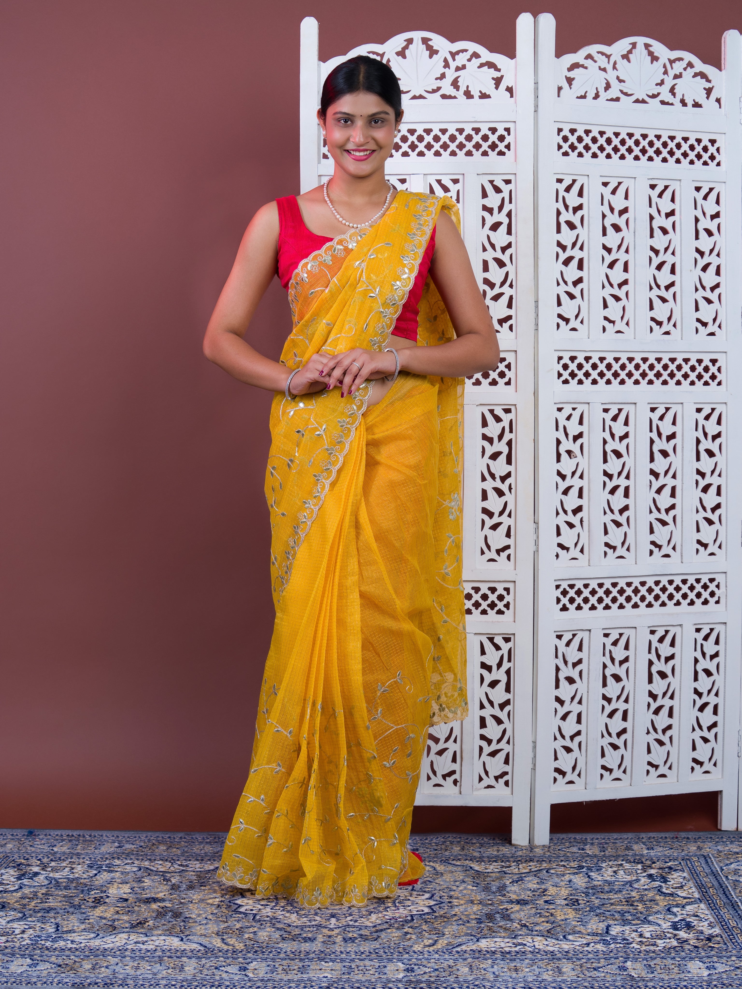Gotapatti work in yellow colour saree