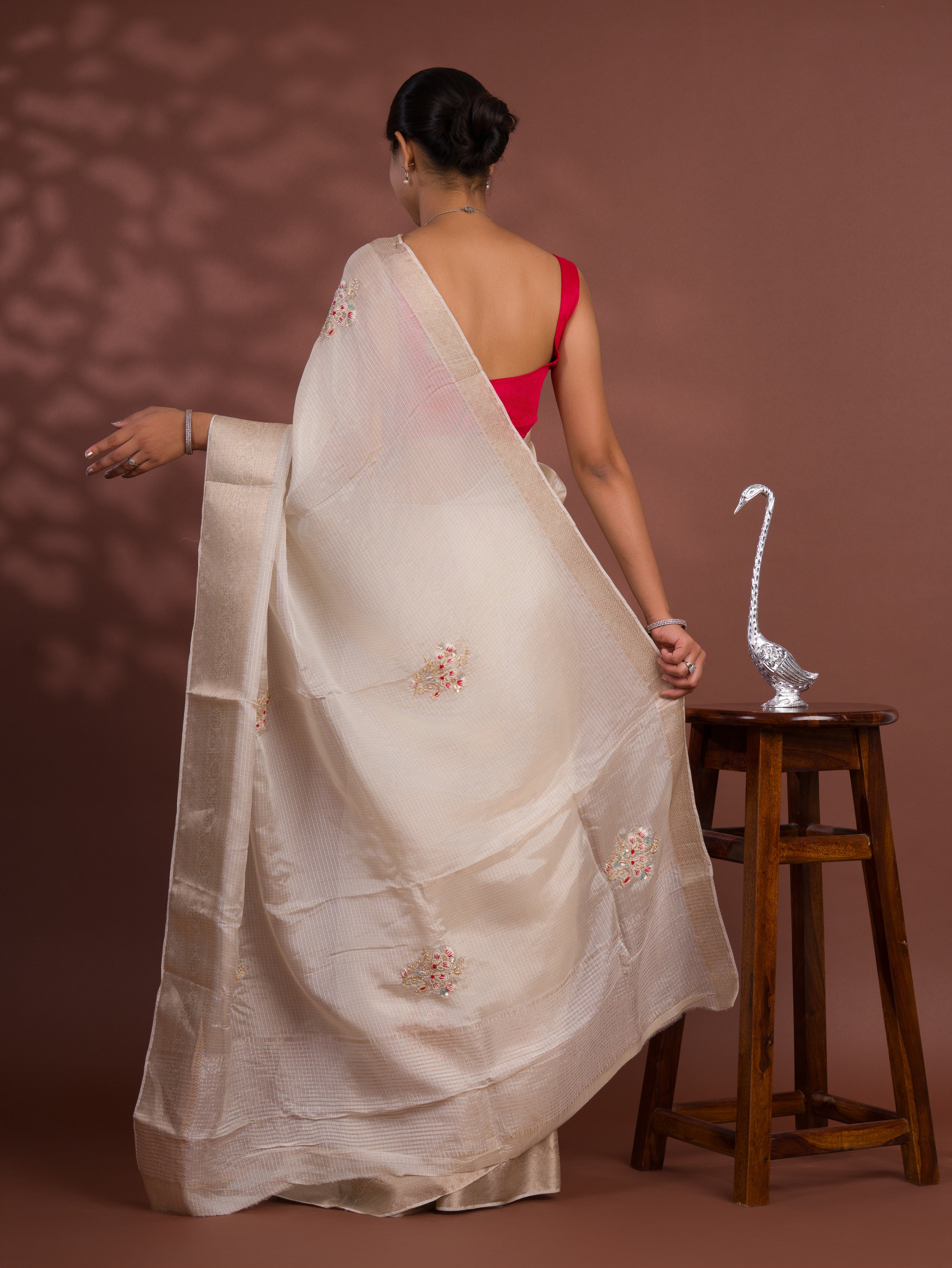 Banarasi Zari Border With Zardoji Guleen Work Saree in off white colour