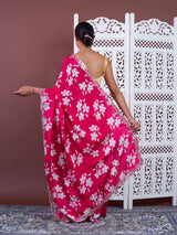 A pink floral saree with white pattern Printed Crepe Silk with Embroidered Mirror Work