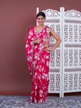 A pink floral saree with white pattern Printed Crepe Silk with Embroidered Mirror Work