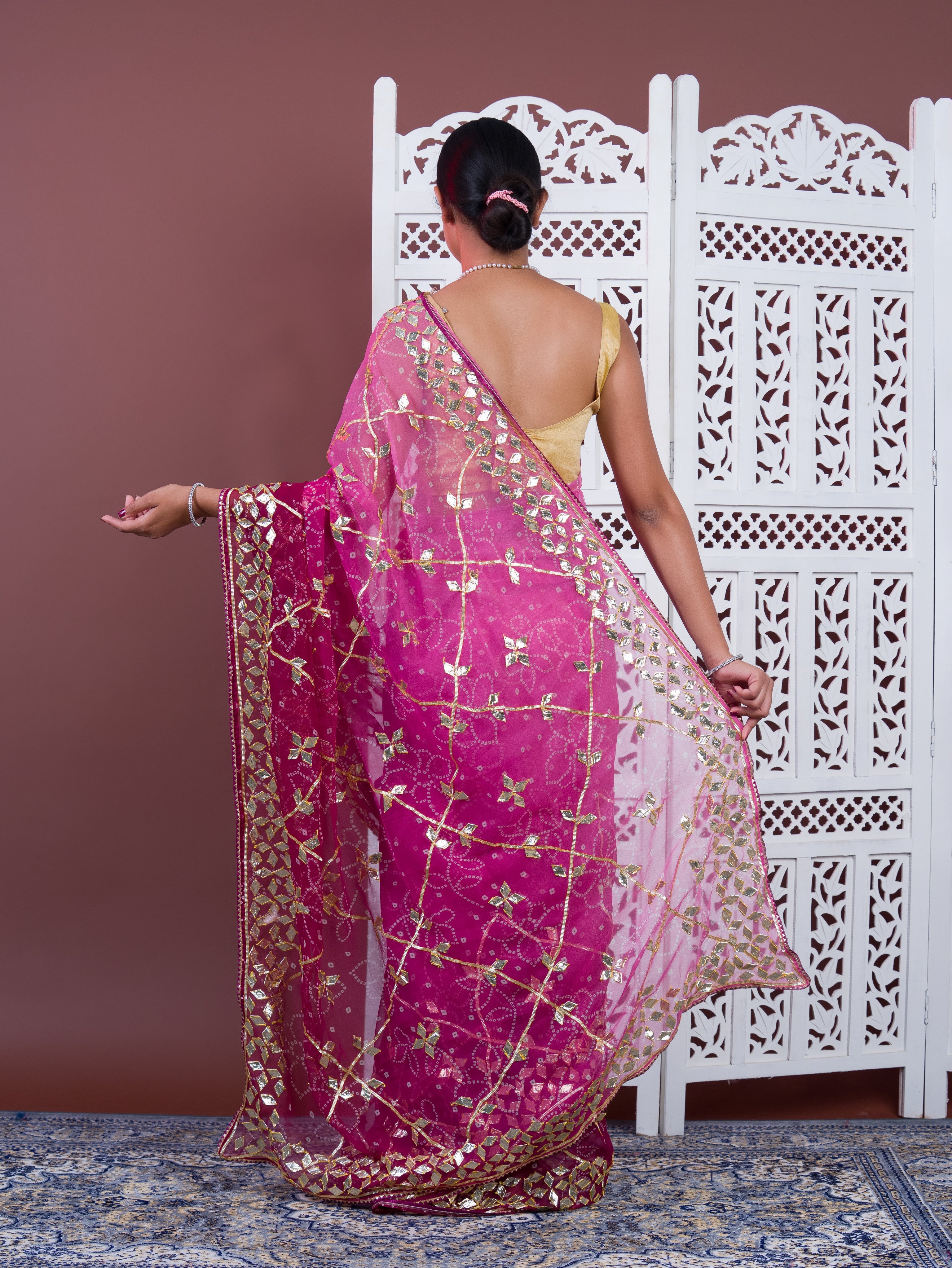 Wine saree with gold patterns Chiffon Bandhani Style With Gotapatti Work Saree