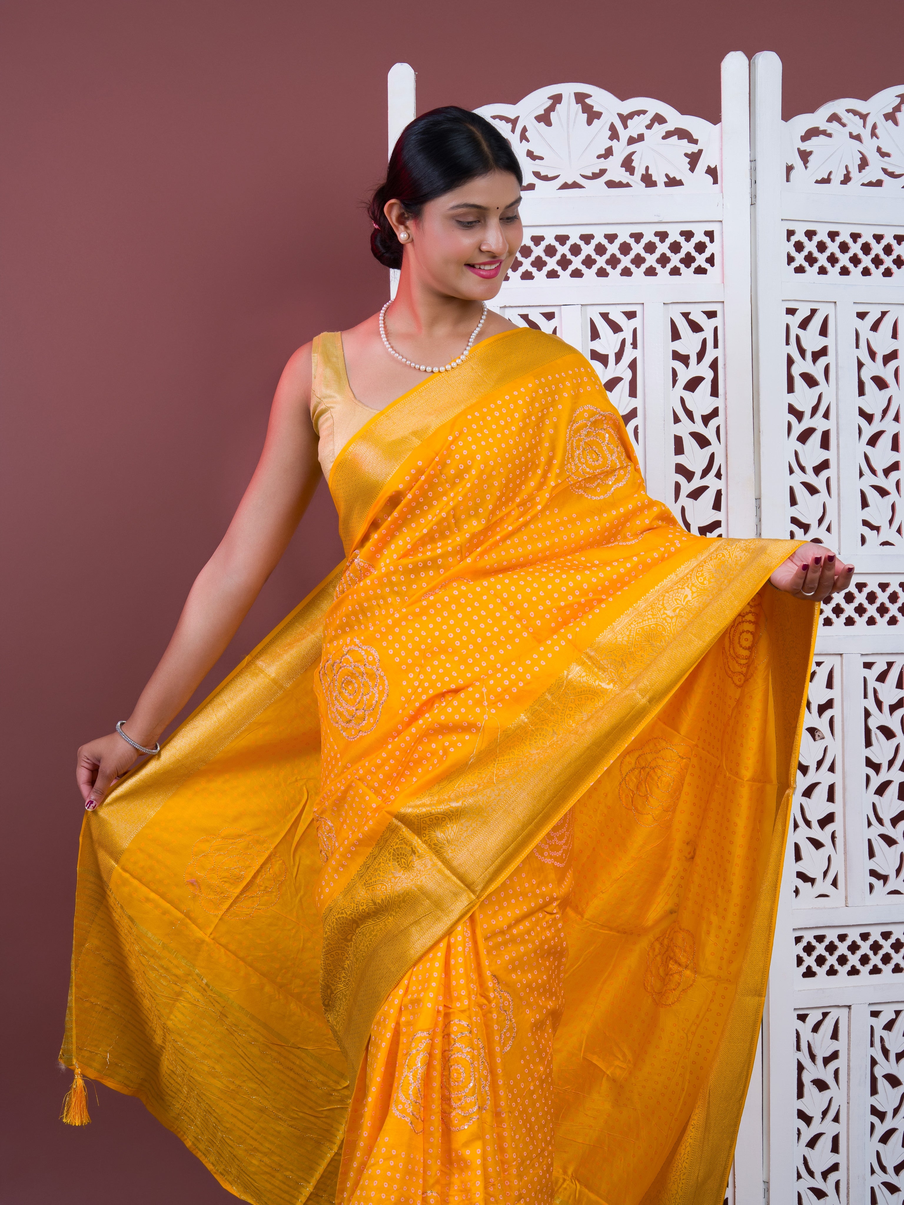 Upada silk Bandhani Zari Work Saree in Yellow colour