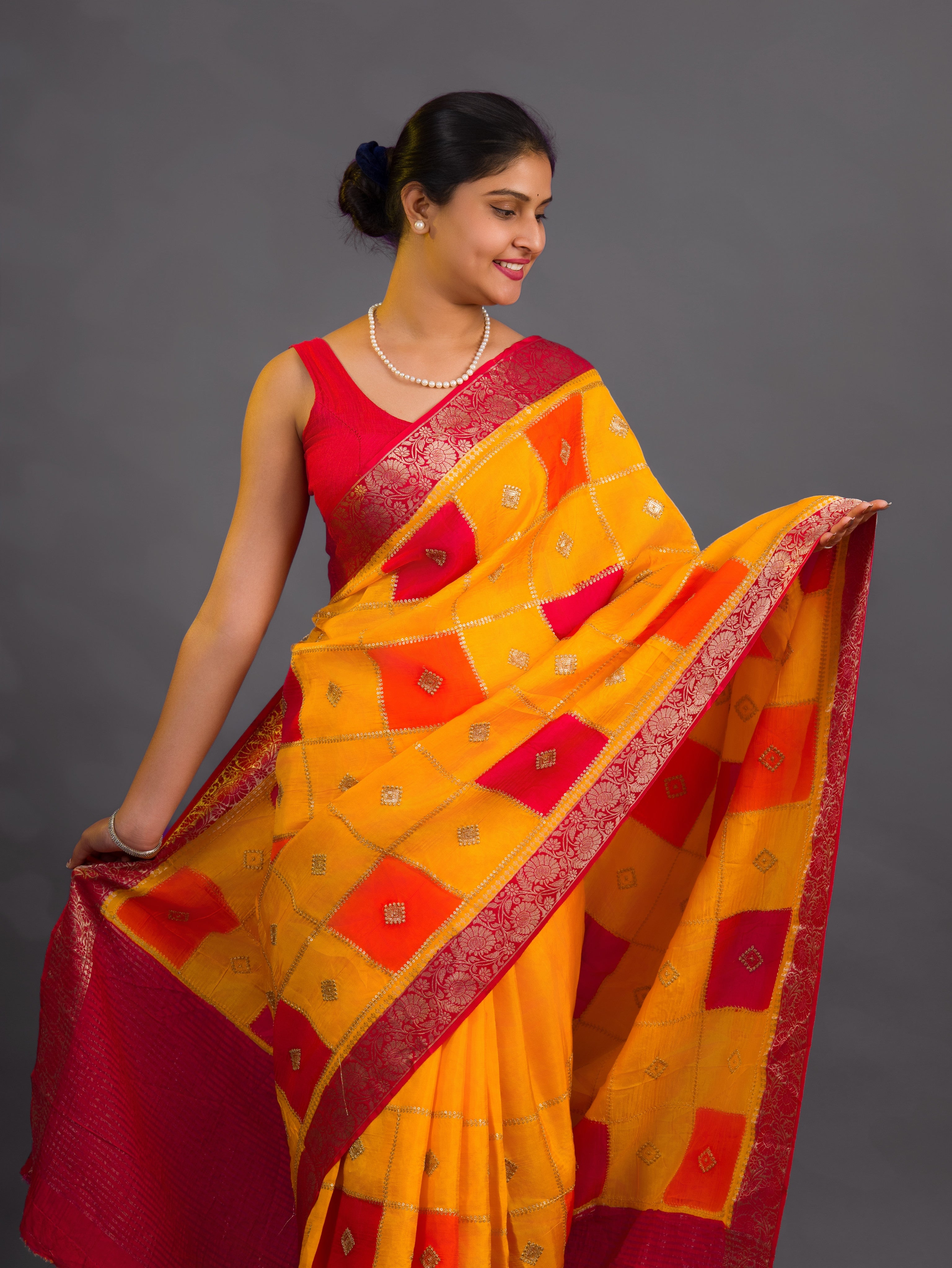 By Chinon Sequence Zari Thread Banarasi Border Saree for festivals in multi colour