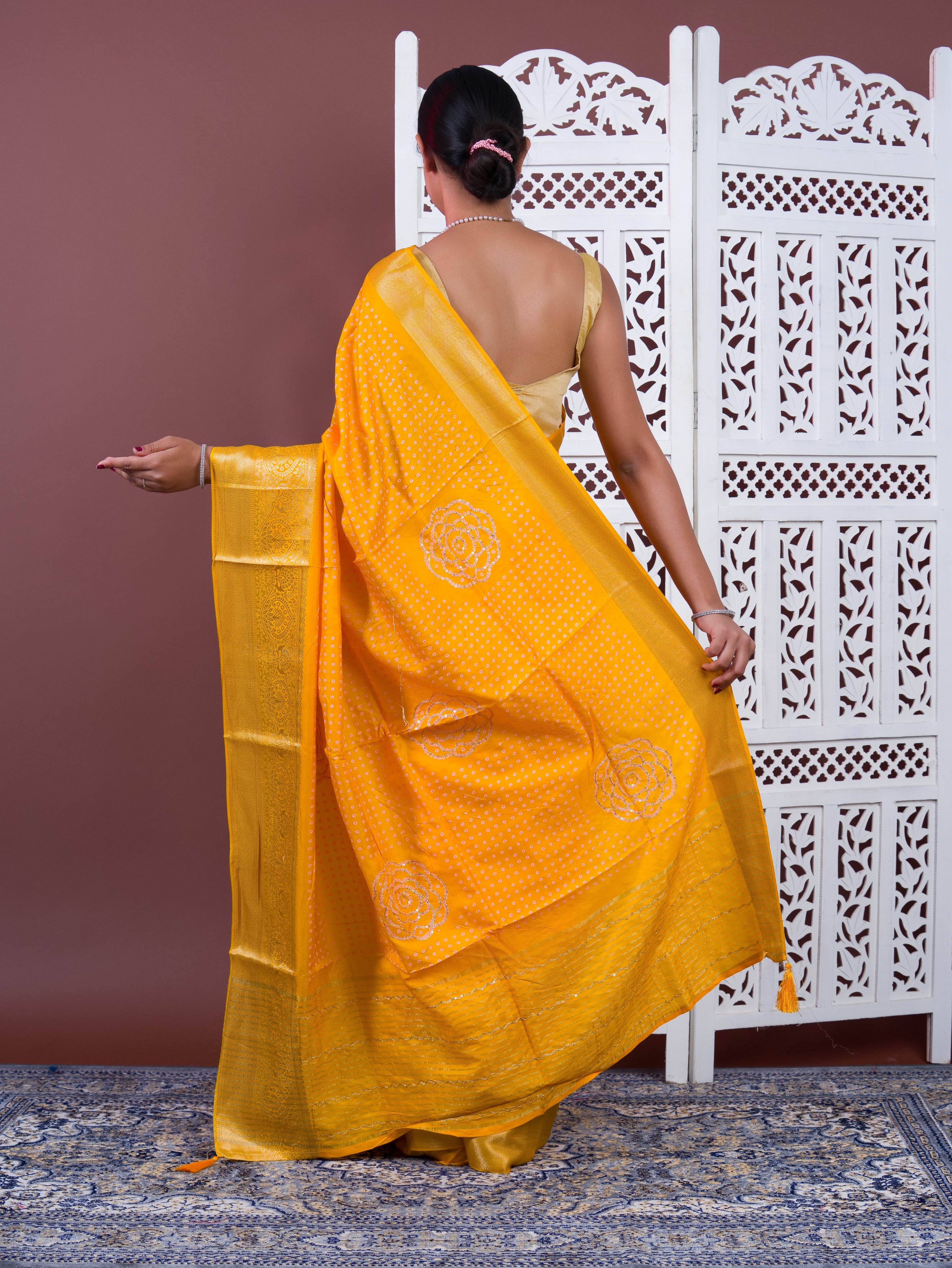 Upada silk Bandhani Zari Work Saree in Yellow colour