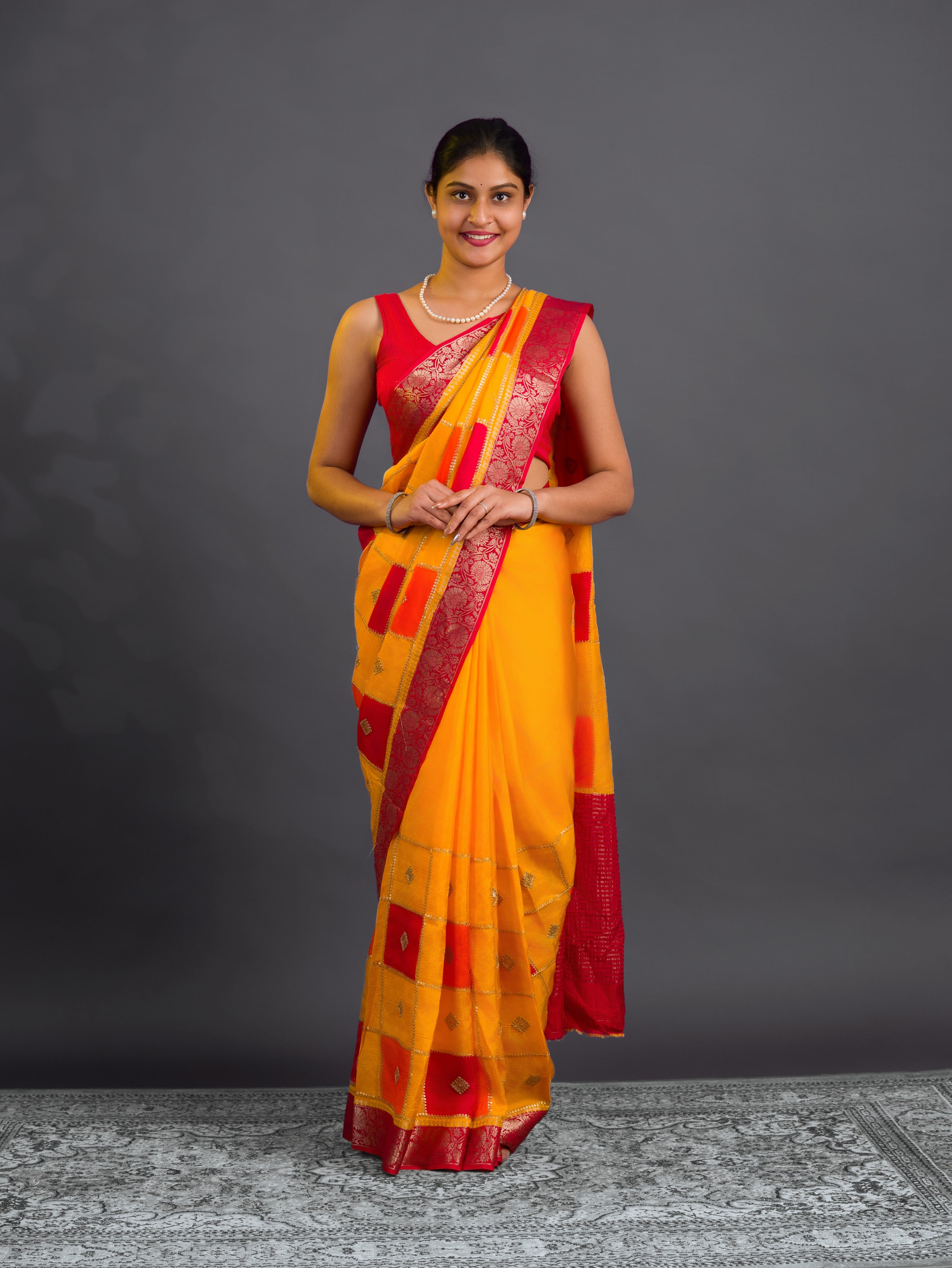 By Chinon Sequence Zari Thread Banarasi Border Saree for festivals in multi colour