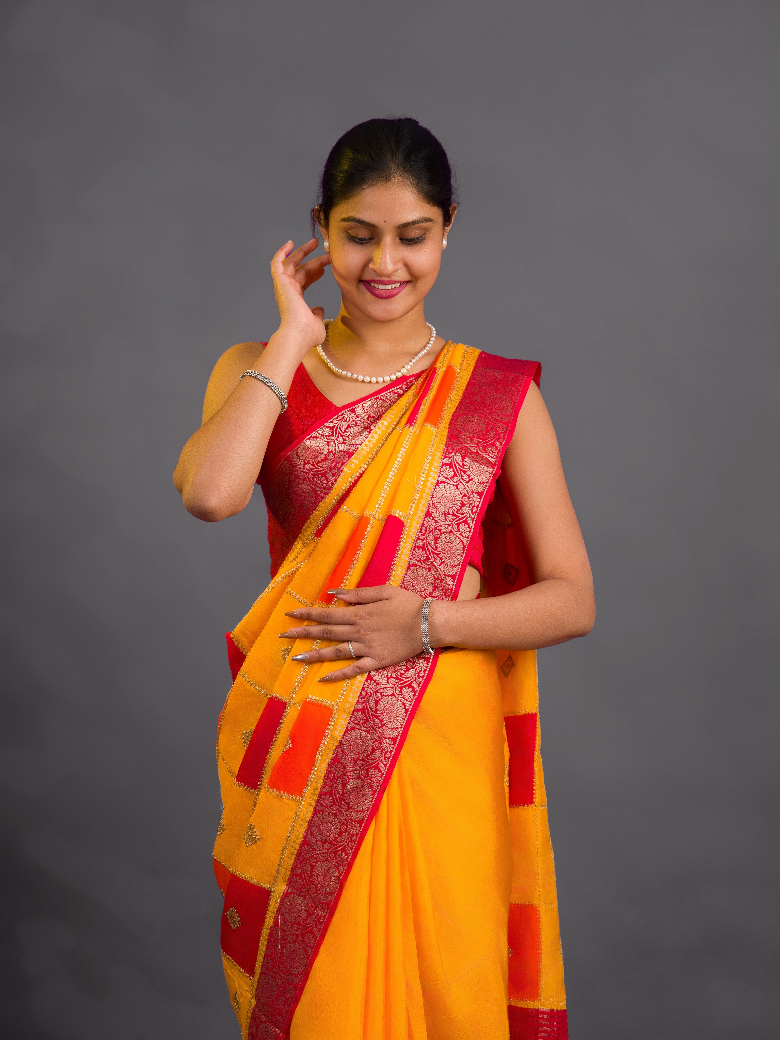 By Chinon Sequence Zari Thread Banarasi Border Saree for festivals in multi colour