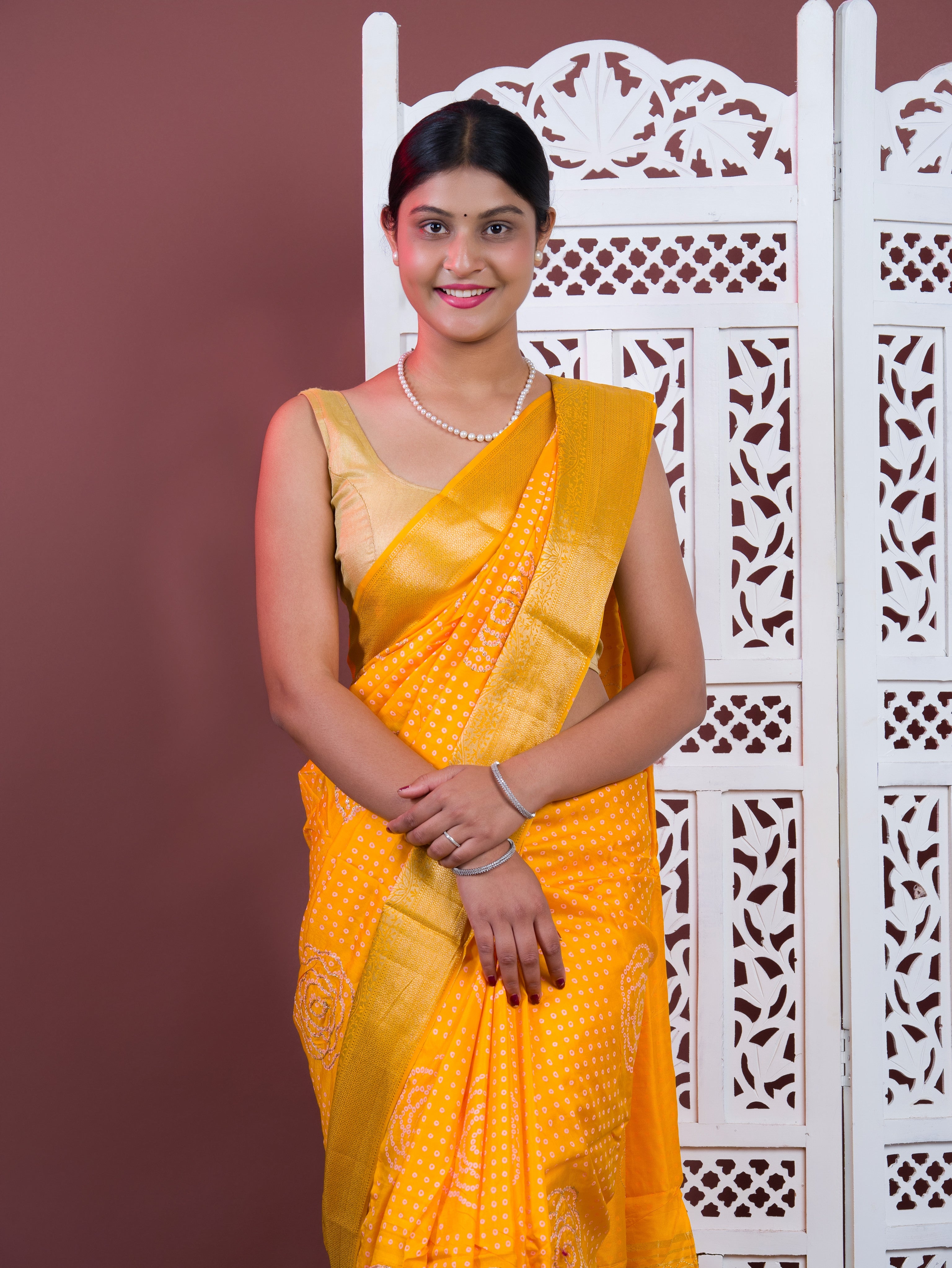 Upada silk Bandhani Zari Work Saree in Yellow colour