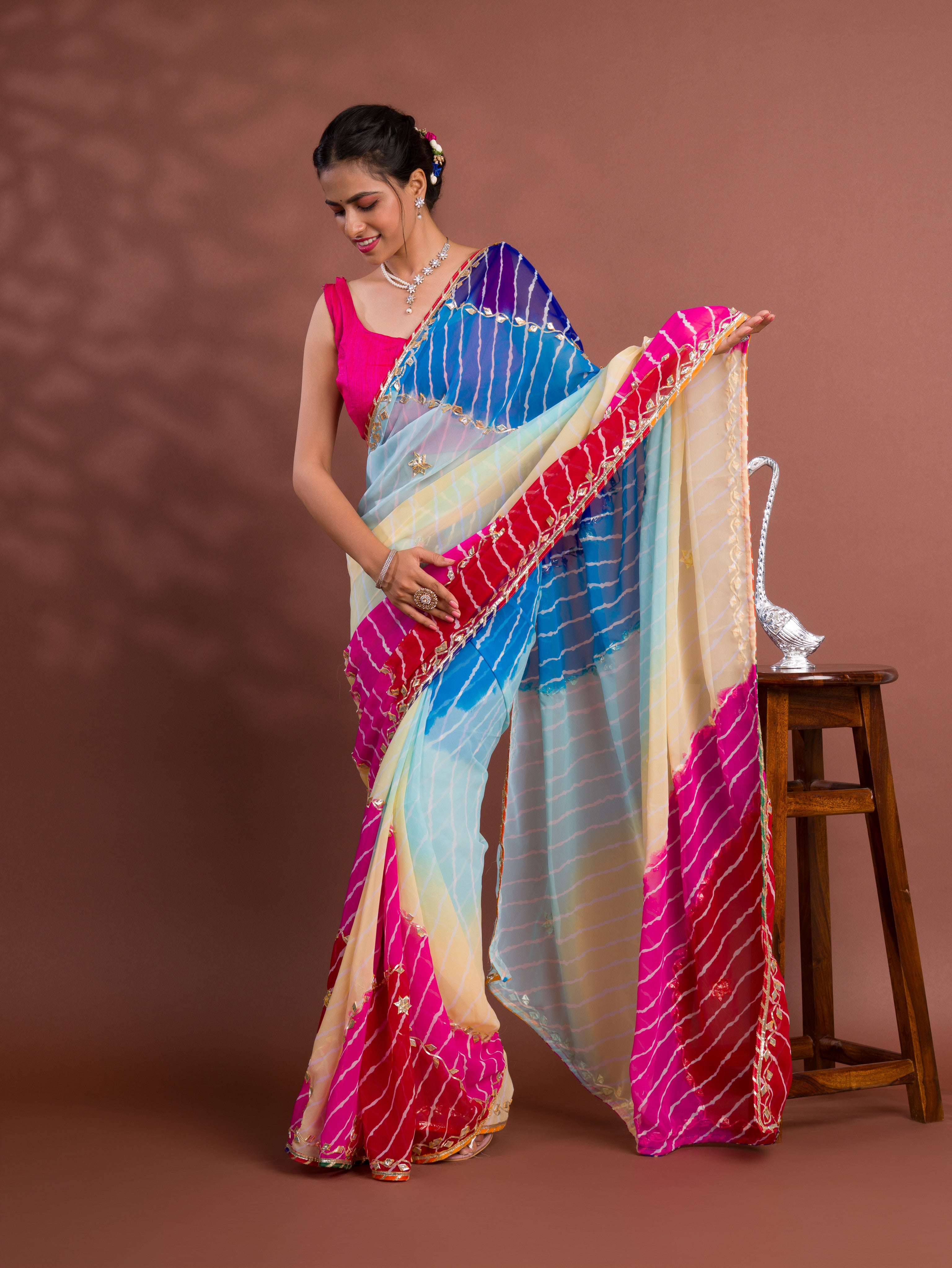 party wear saree in Leheriya Style with gotapati work