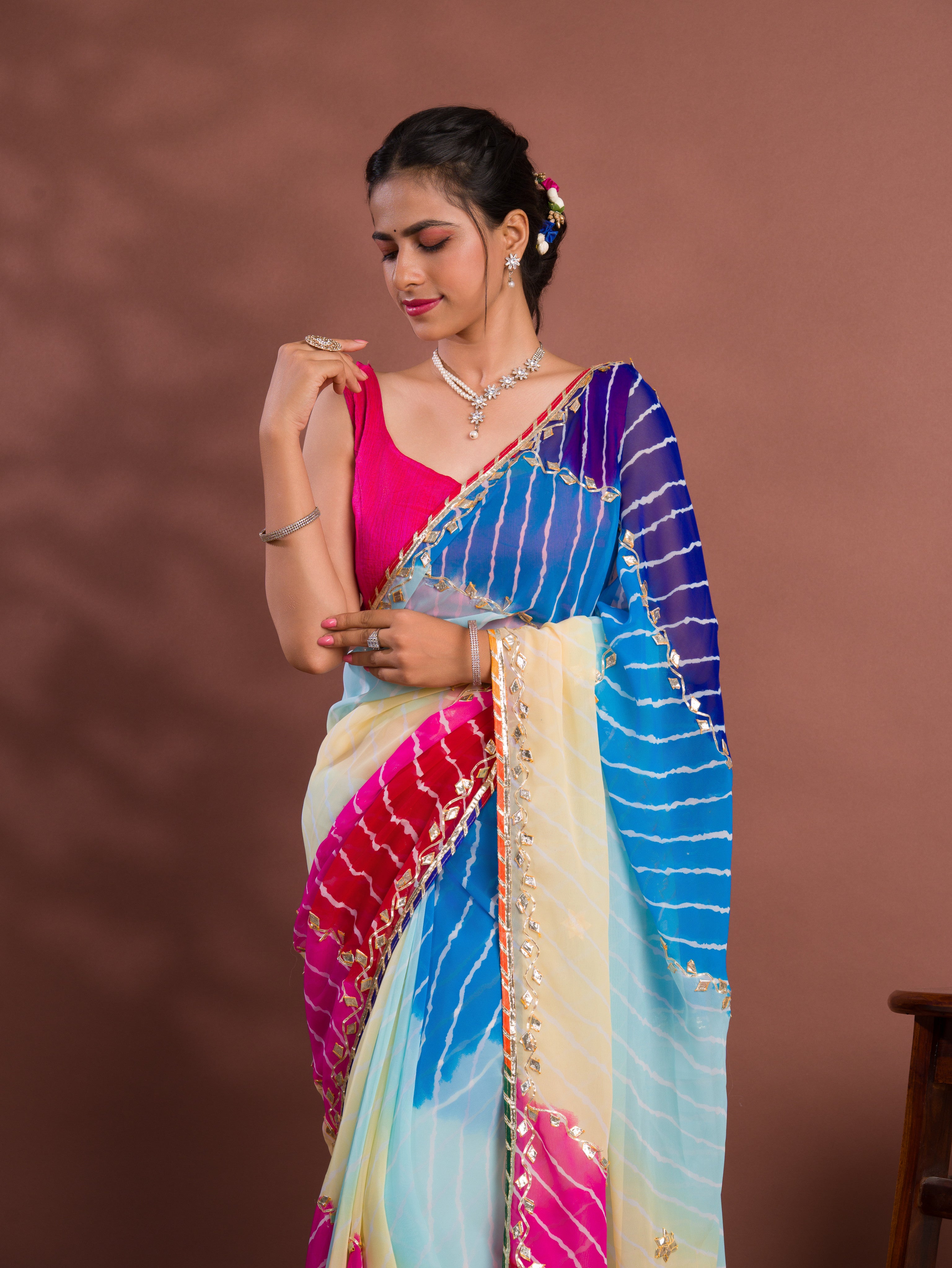 party wear saree in Leheriya Style with gotapati work