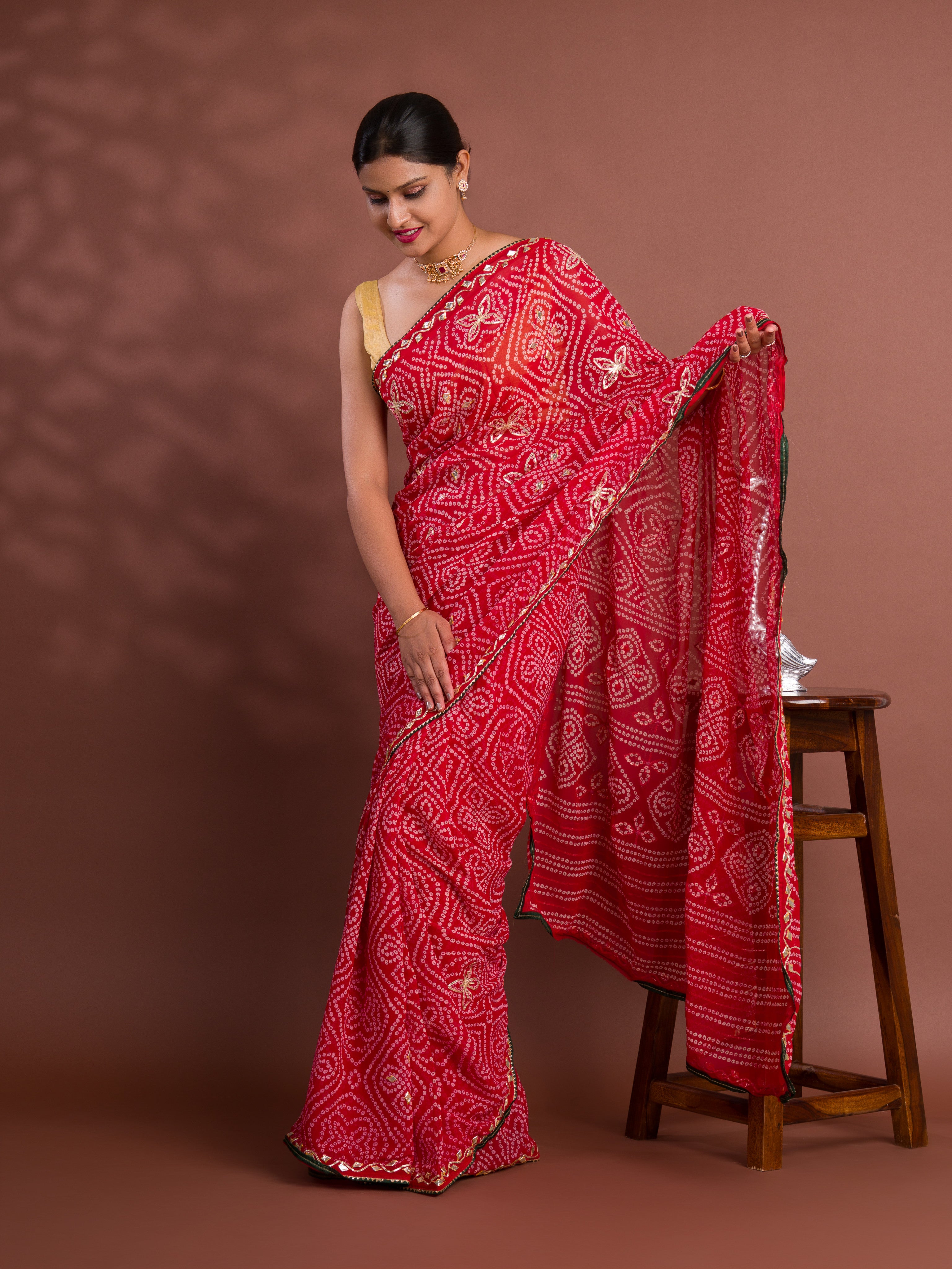 Georgette Bandhani Style With Gotapatti Work Saree in red colour