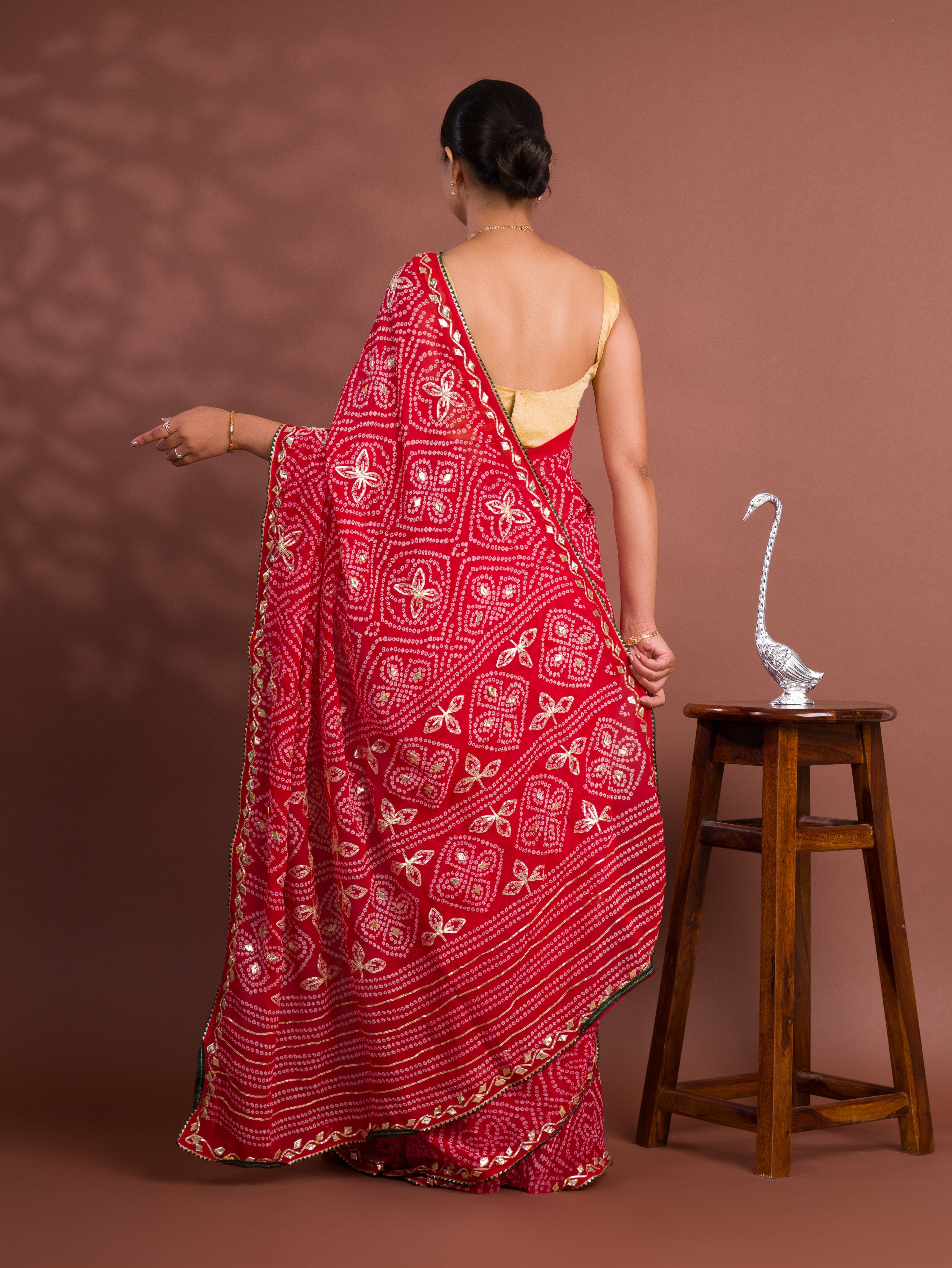 Georgette Bandhani Style With Gotapatti Work Saree in red colour