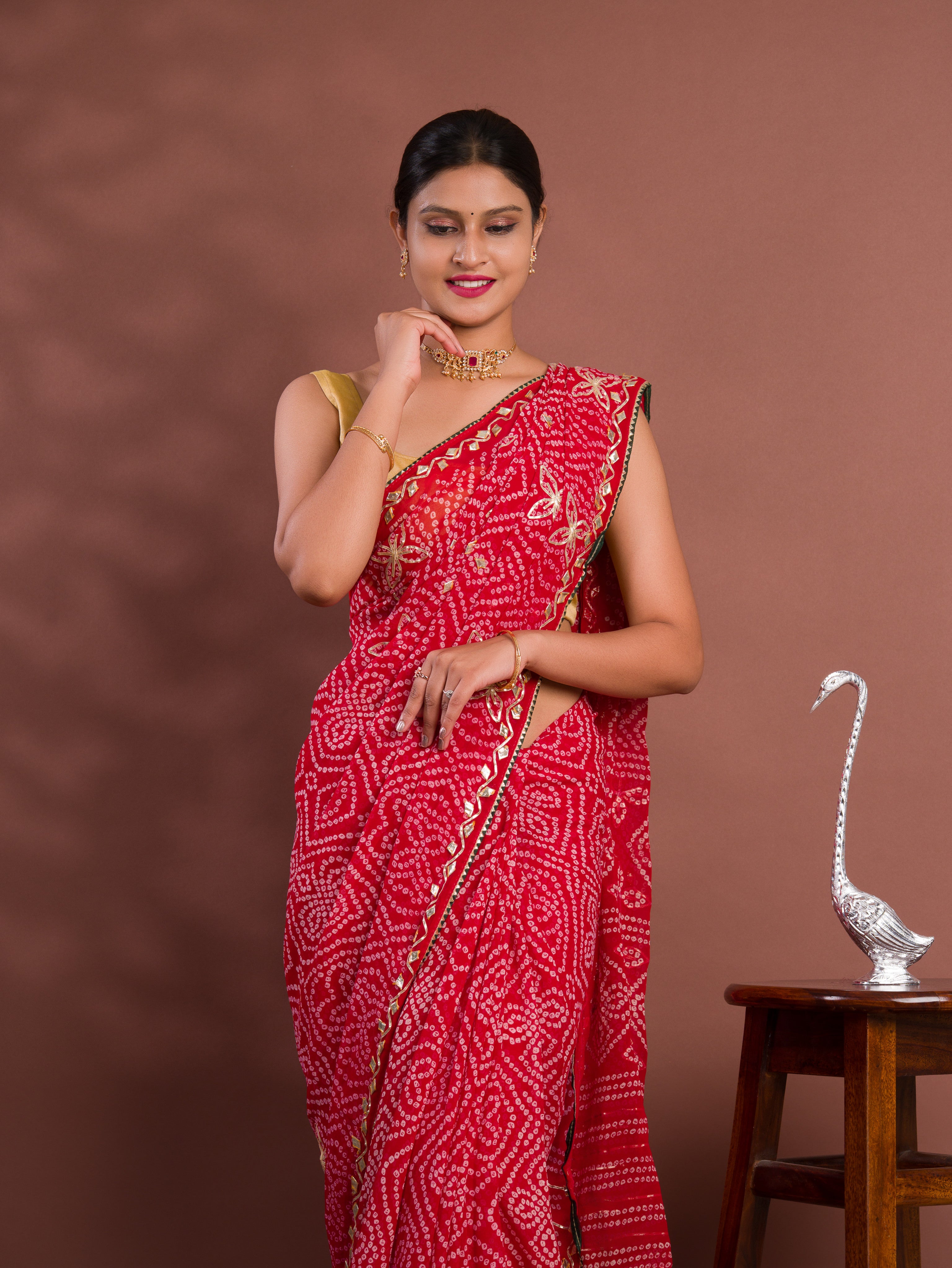 Georgette Bandhani Style With Gotapatti Work Saree in red colour