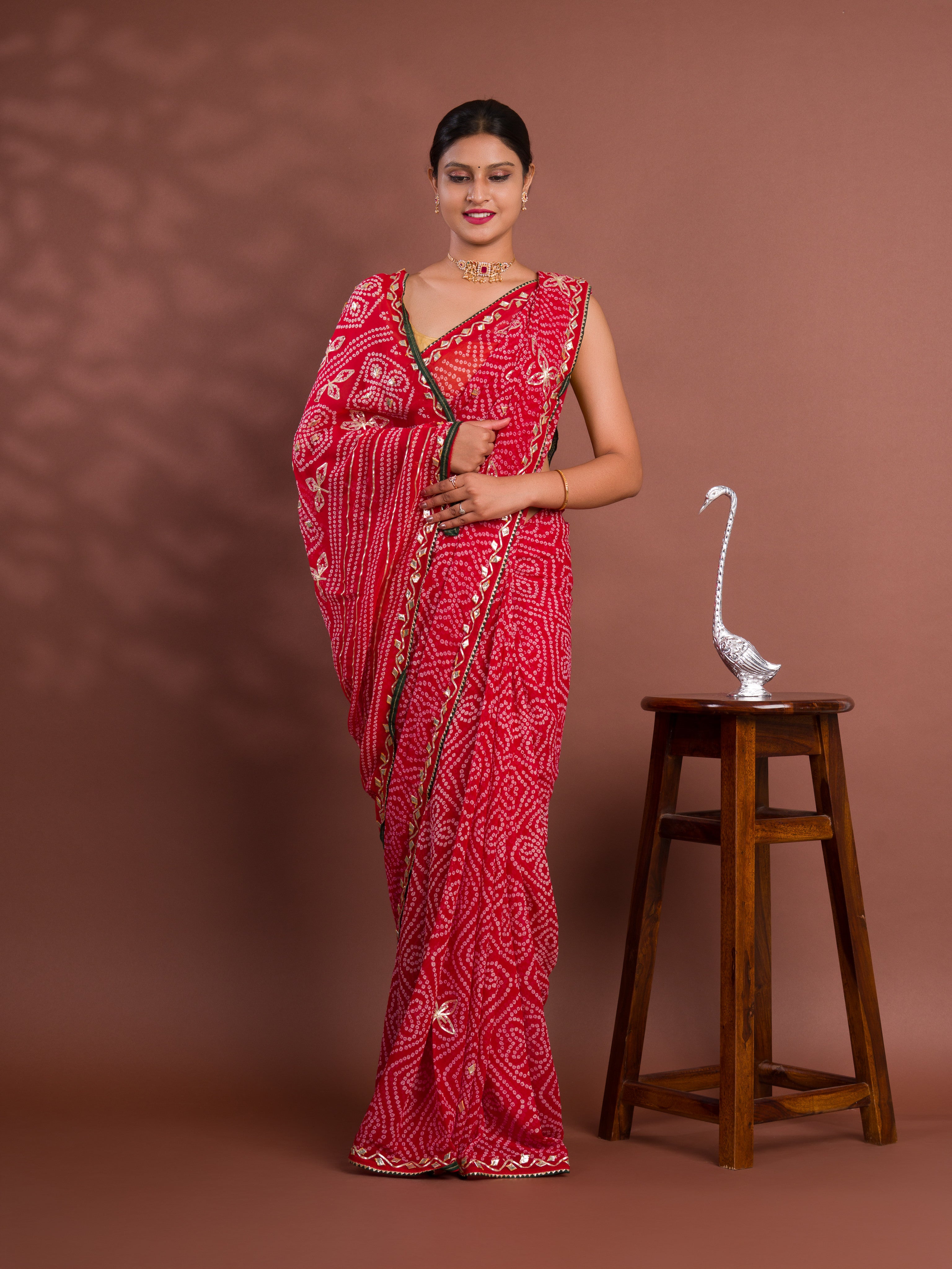 Georgette Bandhani Style With Gotapatti Work Saree in red colour