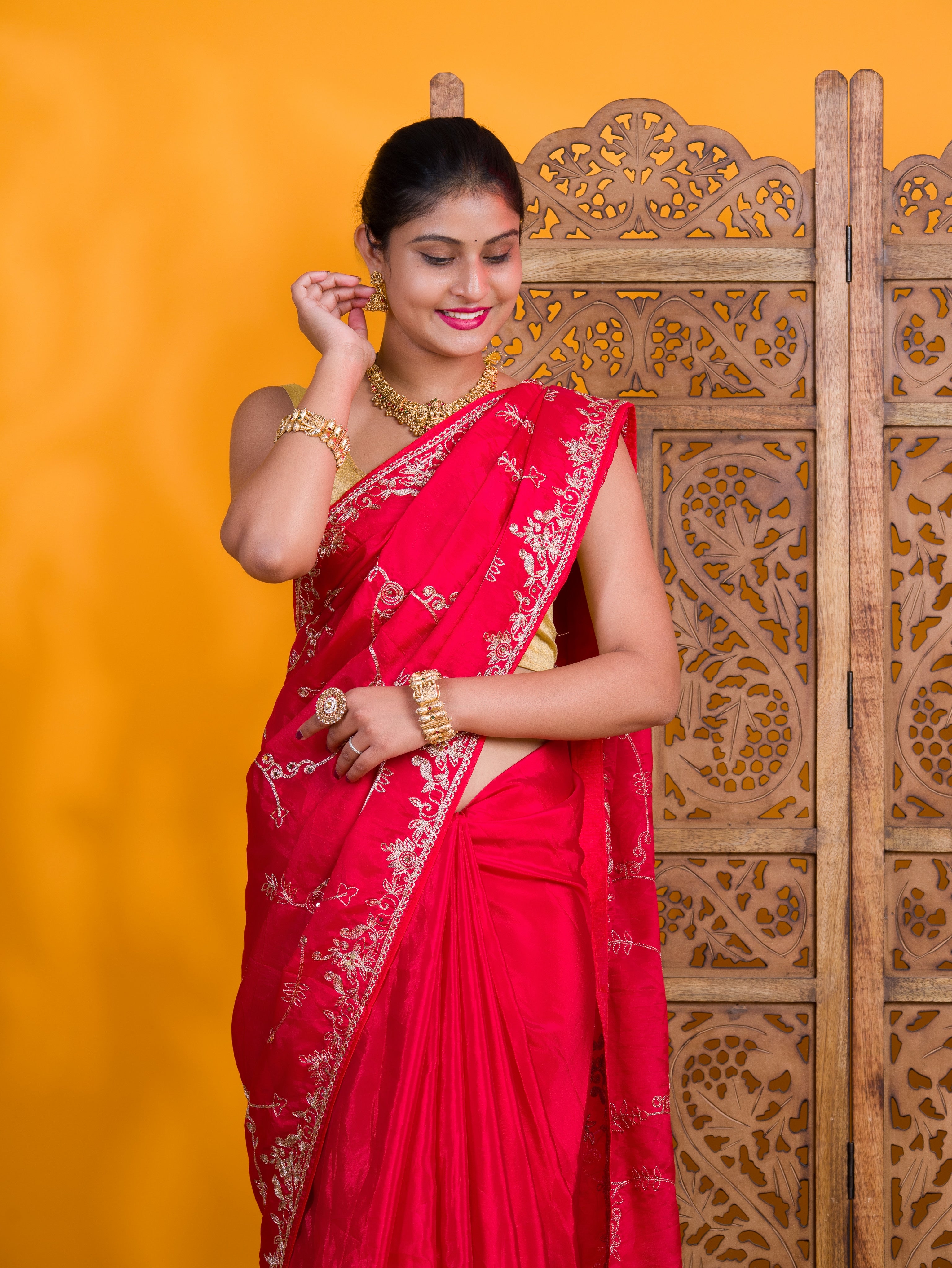 By Traditional Saree With Aari Work