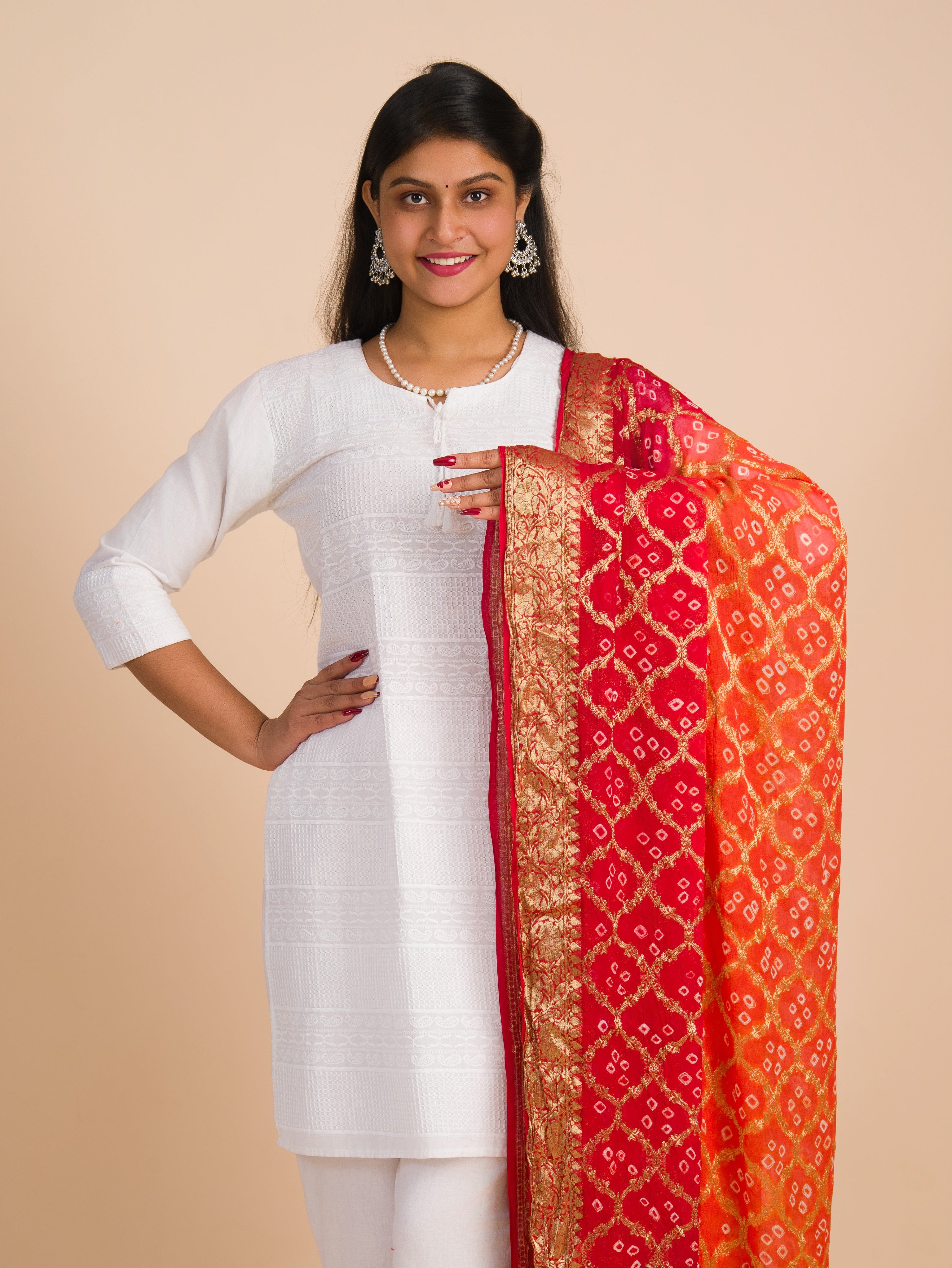 By Banarasi Bandhani Dupatta Red Orange