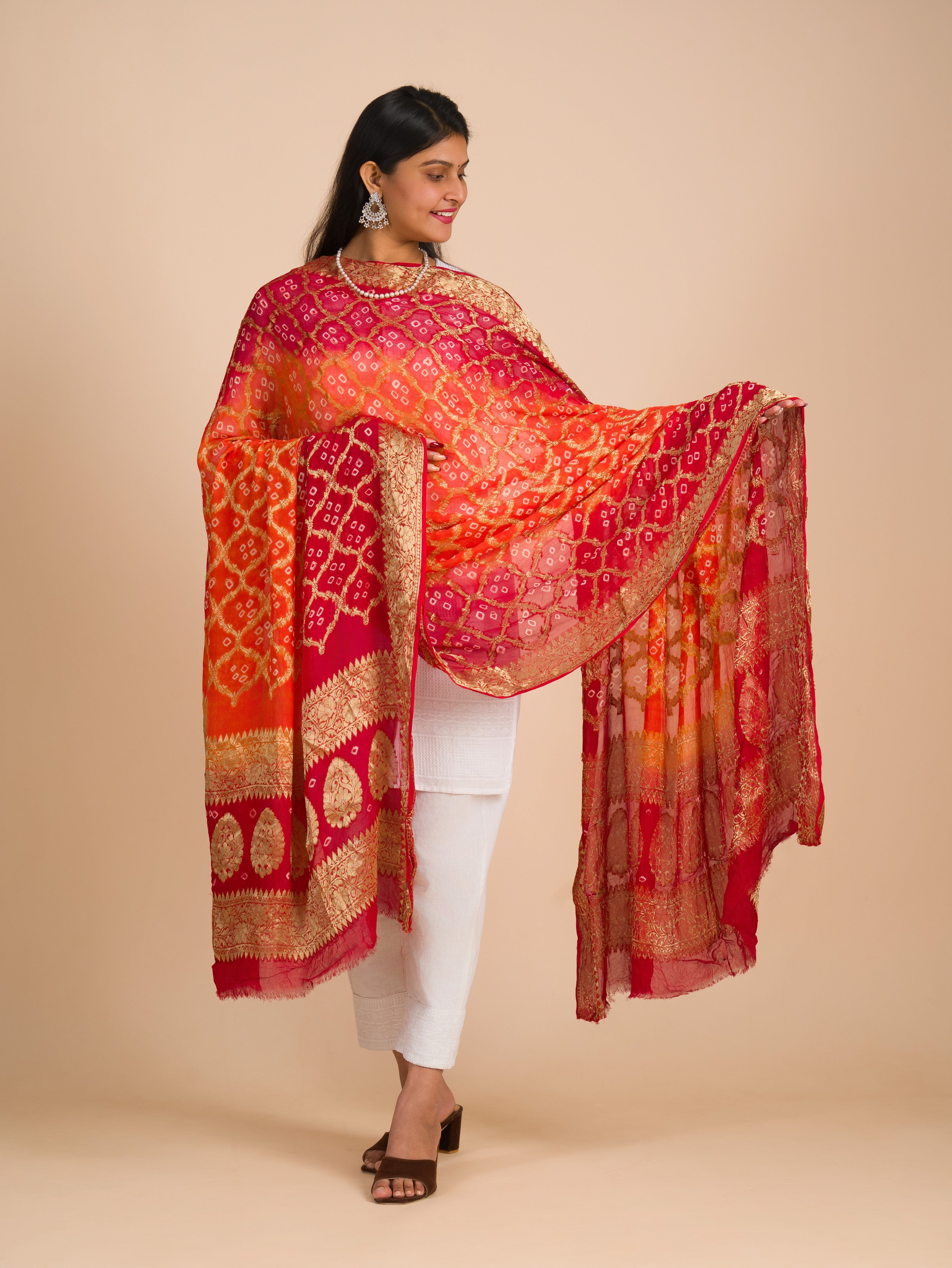 By Banarasi Bandhani Dupatta Red Orange
