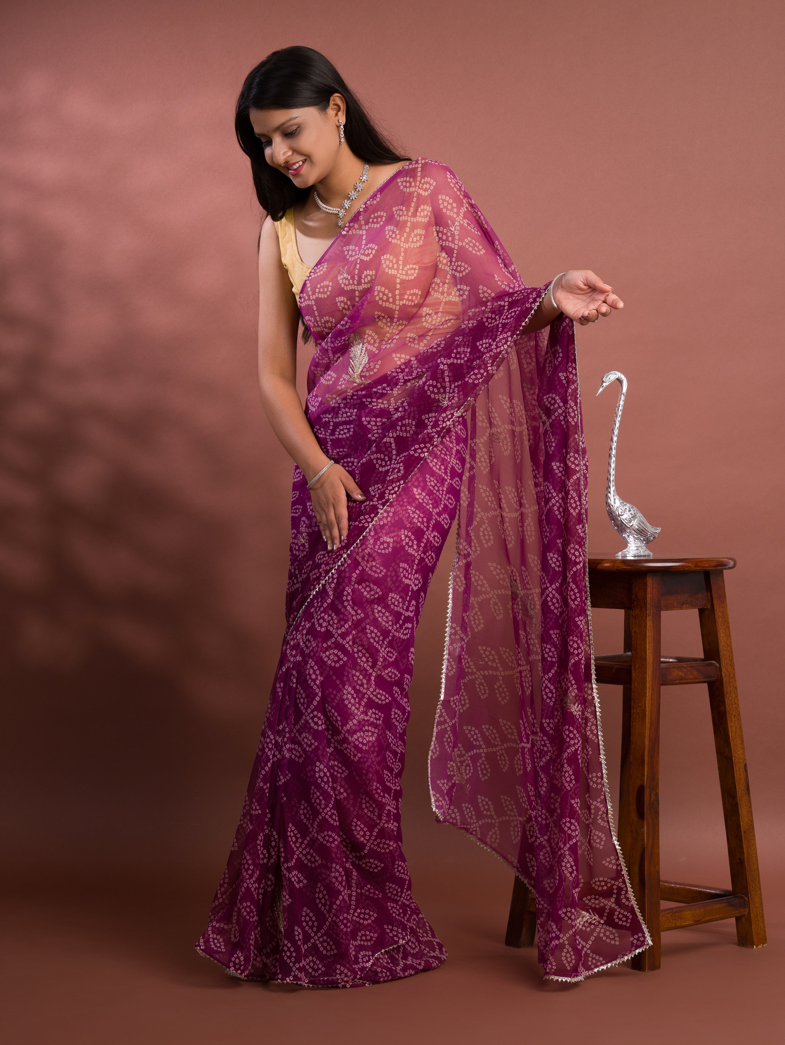 Chiffon Bandhani style With Vintage Work Saree in purple colour